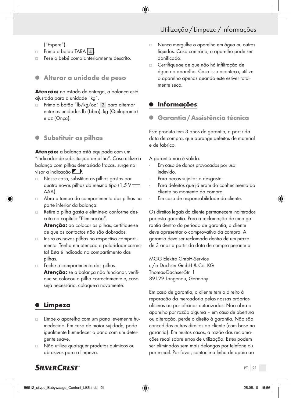 Utilização / limpeza / informações, Alterar a unidade de peso, Substituir as pilhas | Limpeza, Informações, Garantia / assistência técnica | Silvercrest Digital Baby Scale User Manual | Page 17 / 30