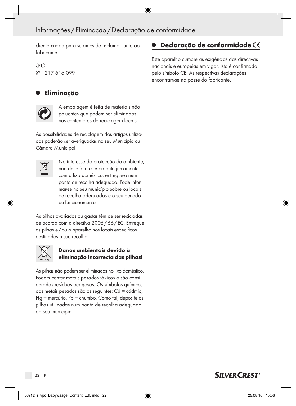 Eliminação, Declaração de conformidade | Silvercrest Digital Baby Scale User Manual | Page 18 / 30