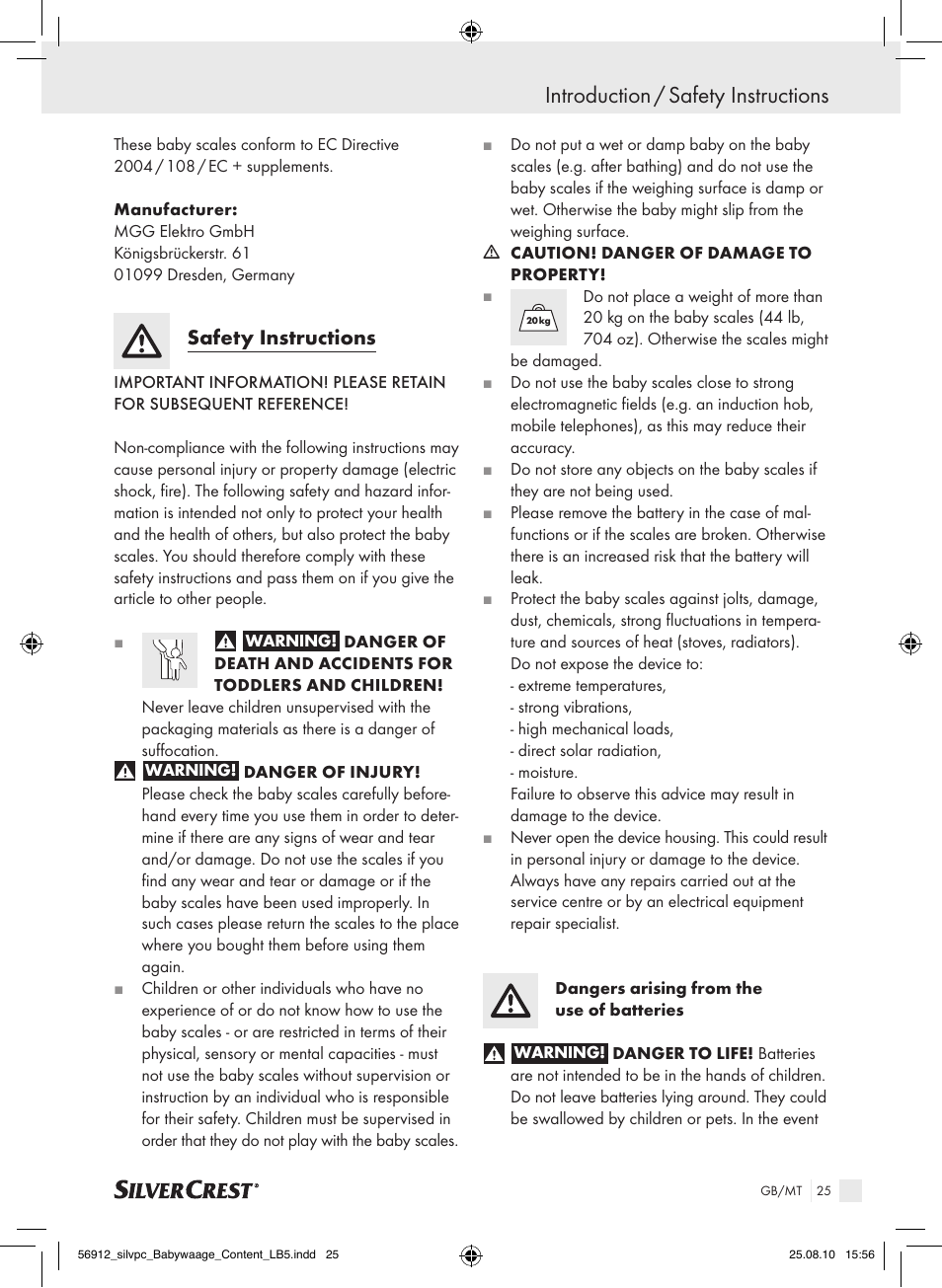 Introduction / safety instructions, Safety instructions | Silvercrest Digital Baby Scale User Manual | Page 21 / 30
