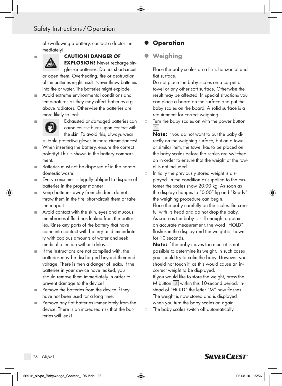 Safety instructions / operation, Operation, Weighing | Silvercrest Digital Baby Scale User Manual | Page 22 / 30