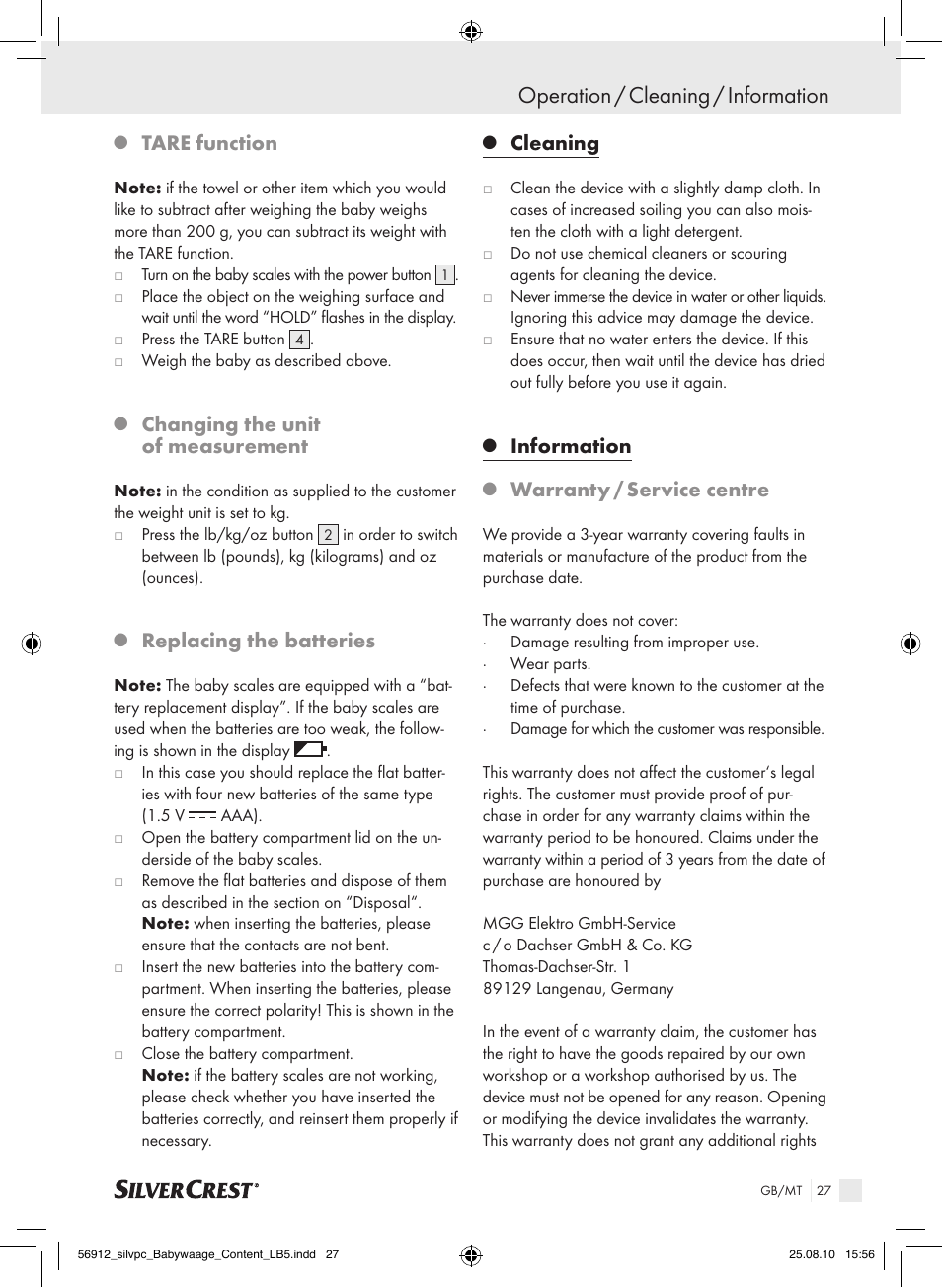 Operation / cleaning / information, Tare function, Changing the unit of measurement | Replacing the batteries, Cleaning, Information, Warranty / service centre | Silvercrest Digital Baby Scale User Manual | Page 23 / 30