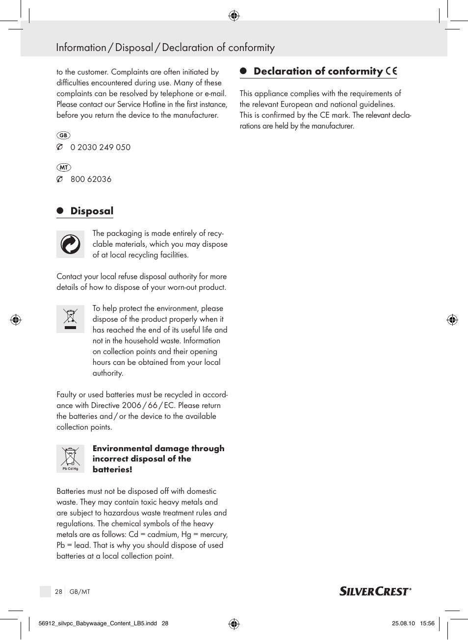 Information / disposal / declaration of conformity, Disposal, Declaration of conformity | Silvercrest Digital Baby Scale User Manual | Page 24 / 30