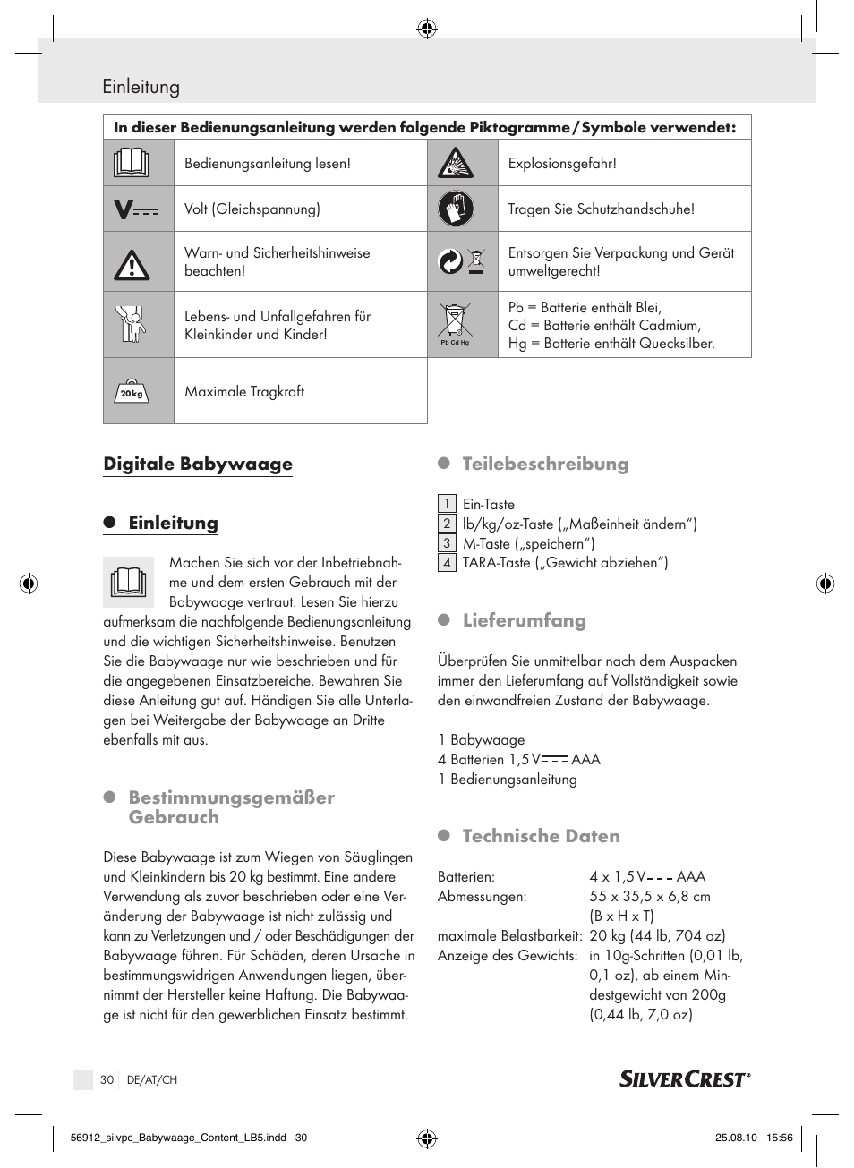 Einleitung, Digitale babywaage, Bestimmungsgemäßer gebrauch | Teilebeschreibung, Lieferumfang, Technische daten | Silvercrest Digital Baby Scale User Manual | Page 26 / 30