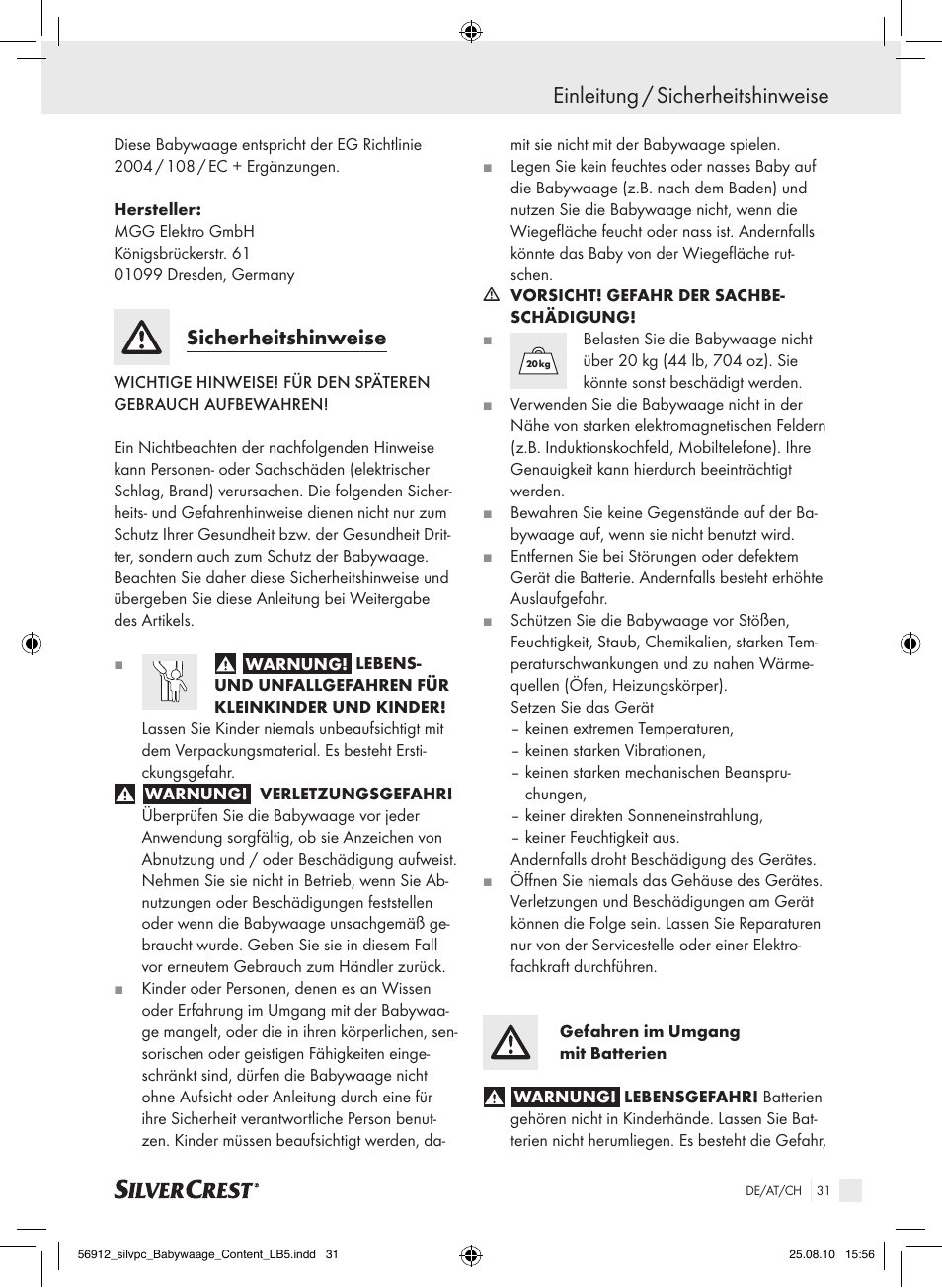 Einleitung / sicherheitshinweise, Sicherheitshinweise | Silvercrest Digital Baby Scale User Manual | Page 27 / 30