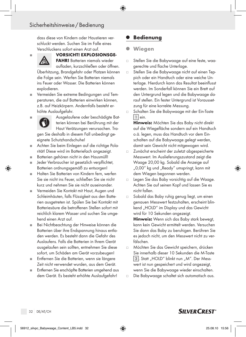 Sicherheitshinweise / bedienung, Bedienung, Wiegen | Silvercrest Digital Baby Scale User Manual | Page 28 / 30