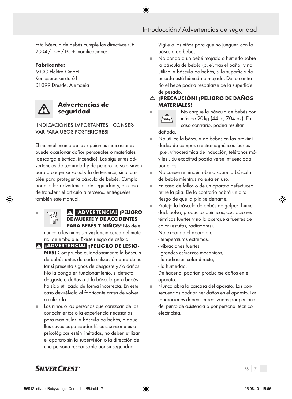 Introducción / advertencias de seguridad, Advertencias de seguridad | Silvercrest Digital Baby Scale User Manual | Page 3 / 30