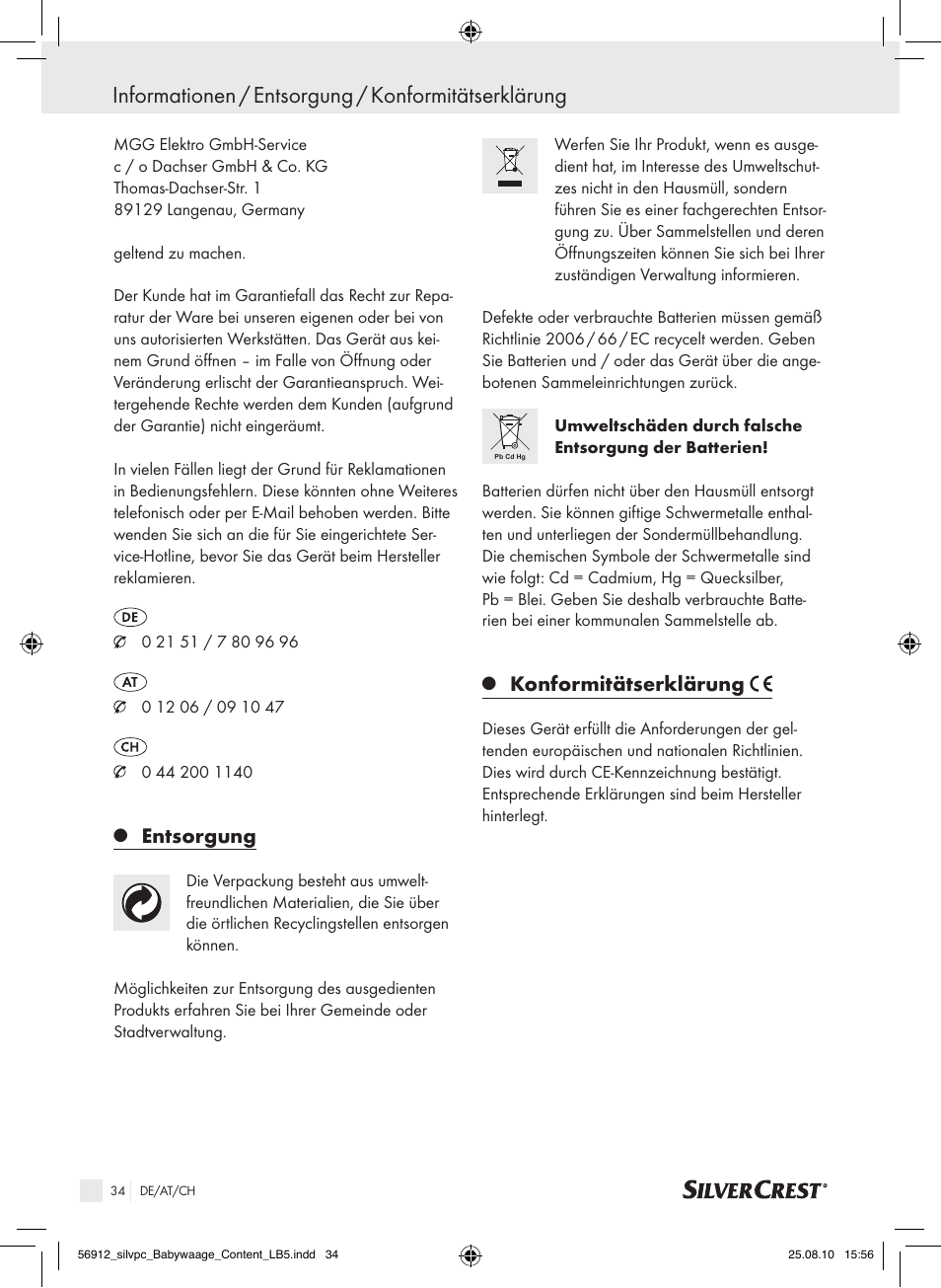 Informationen / entsorgung / konformitätserklärung, Entsorgung, Konformitätserklärung | Silvercrest Digital Baby Scale User Manual | Page 30 / 30
