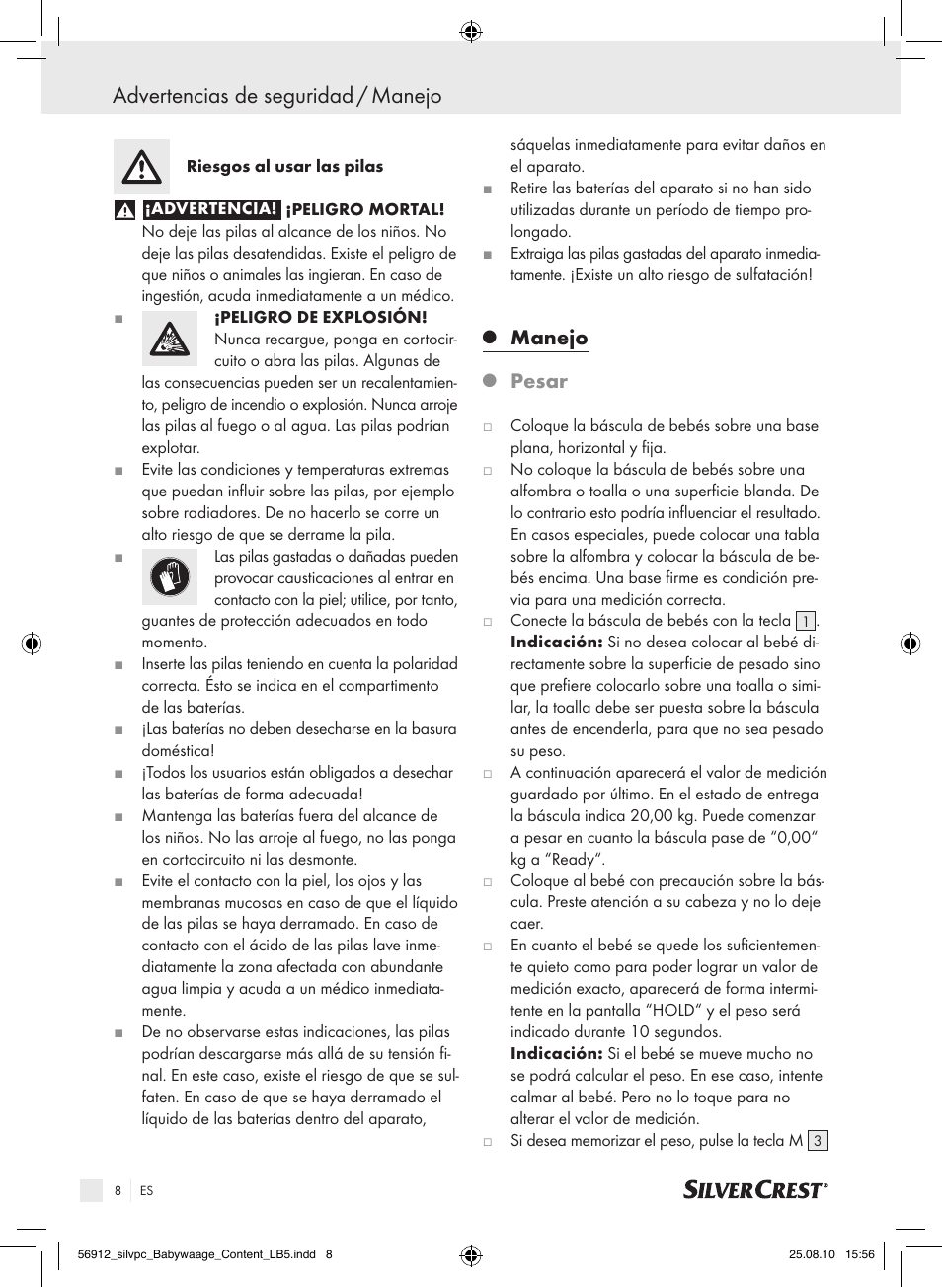 Advertencias de seguridad / manejo, Manejo, Pesar | Silvercrest Digital Baby Scale User Manual | Page 4 / 30