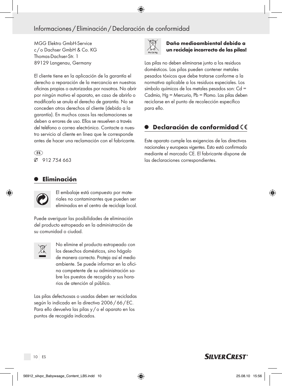 Eliminación, Declaración de conformidad | Silvercrest Digital Baby Scale User Manual | Page 6 / 30