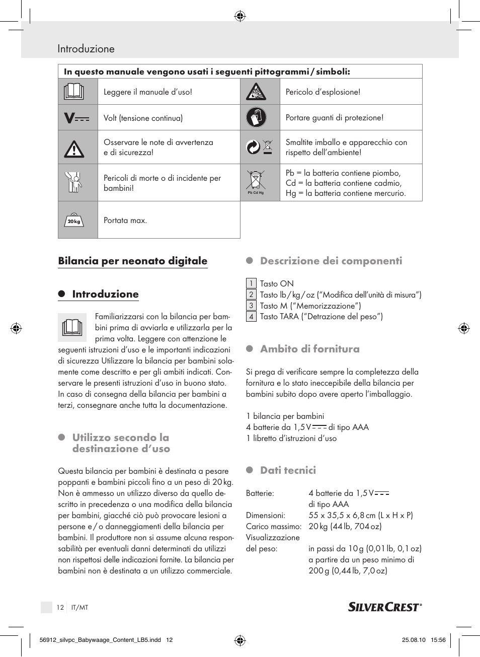 Introduzione, Bilancia per neonato digitale, Utilizzo secondo la destinazione d’uso | Descrizione dei componenti, Ambito di fornitura, Dati tecnici | Silvercrest Digital Baby Scale User Manual | Page 8 / 30