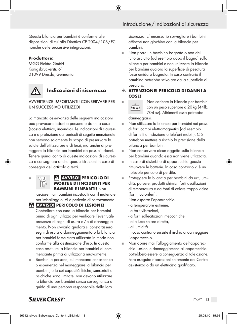 Introduzione / indicazioni di sicurezza, Indicazioni di sicurezza | Silvercrest Digital Baby Scale User Manual | Page 9 / 30