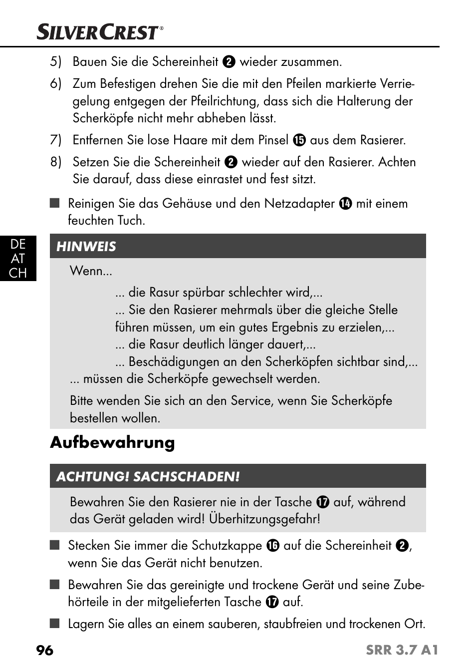 Aufbewahrung | Silvercrest SRR 3.7 A1 User Manual | Page 100 / 105