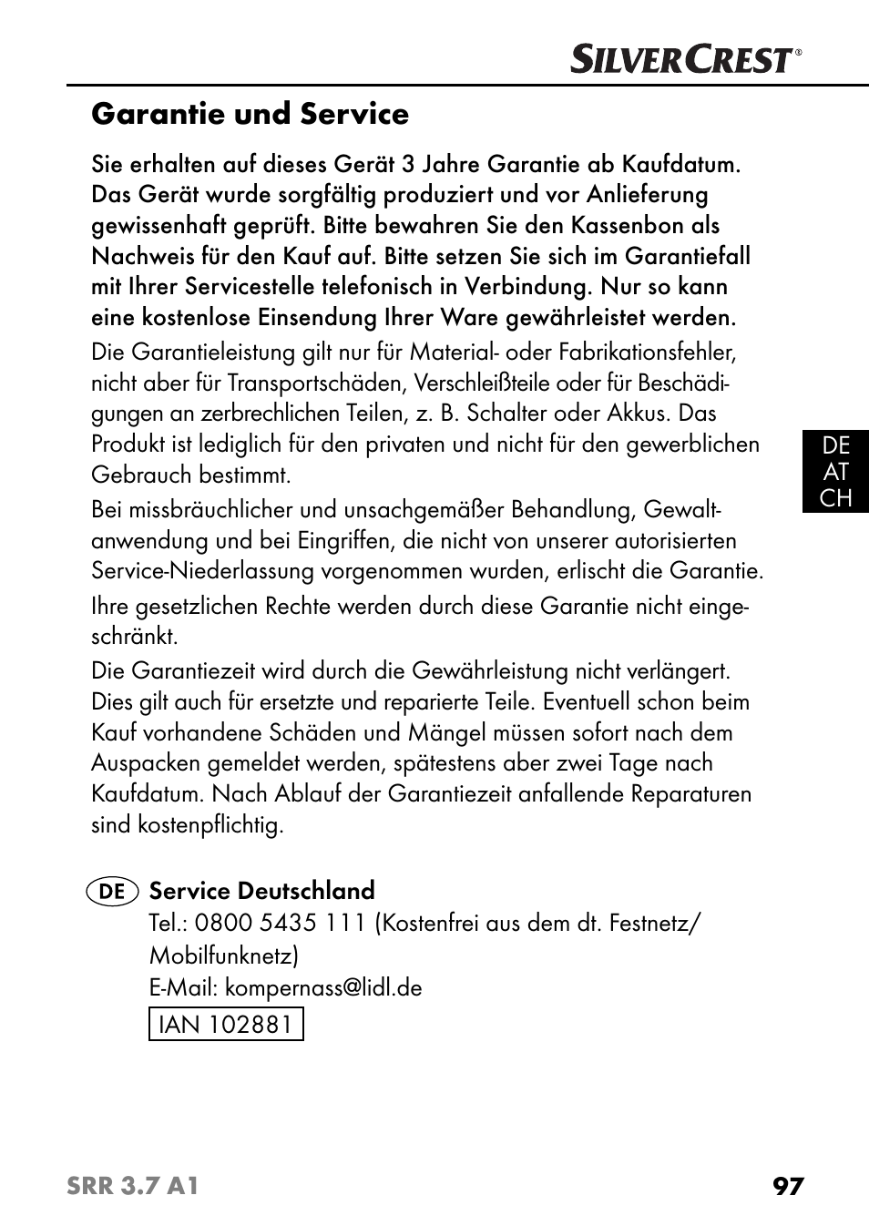 Garantie und service | Silvercrest SRR 3.7 A1 User Manual | Page 101 / 105