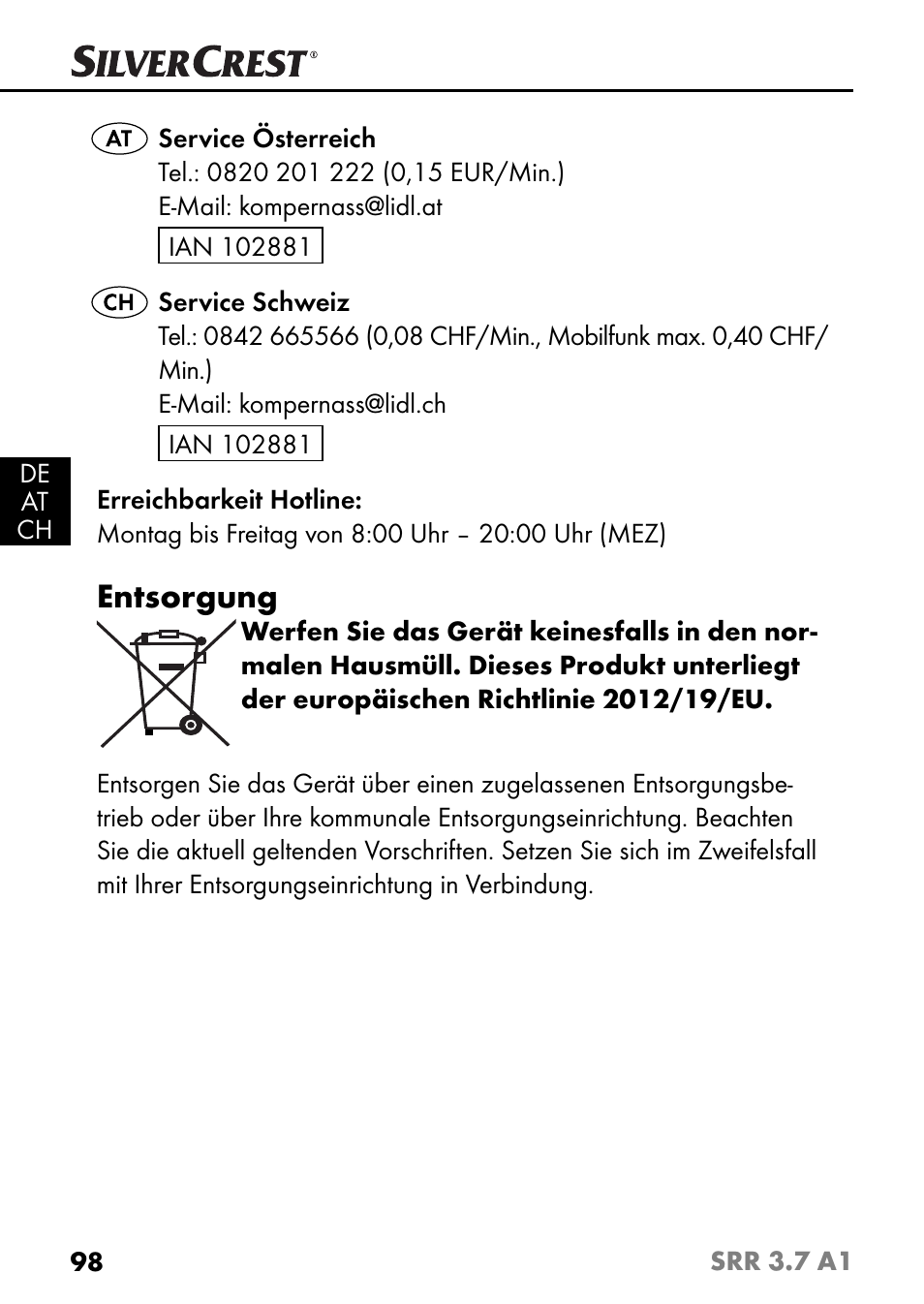 Entsorgung | Silvercrest SRR 3.7 A1 User Manual | Page 102 / 105