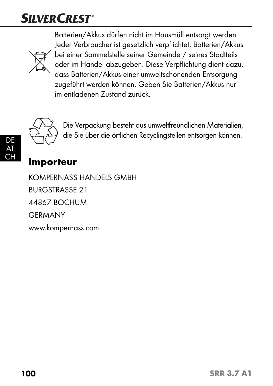 Importeur | Silvercrest SRR 3.7 A1 User Manual | Page 104 / 105
