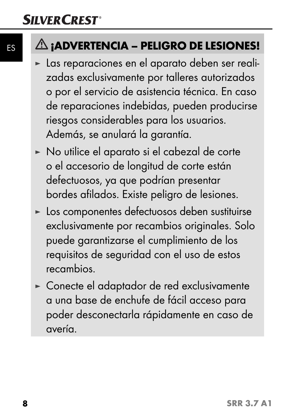 Advertencia – peligro de lesiones | Silvercrest SRR 3.7 A1 User Manual | Page 12 / 105