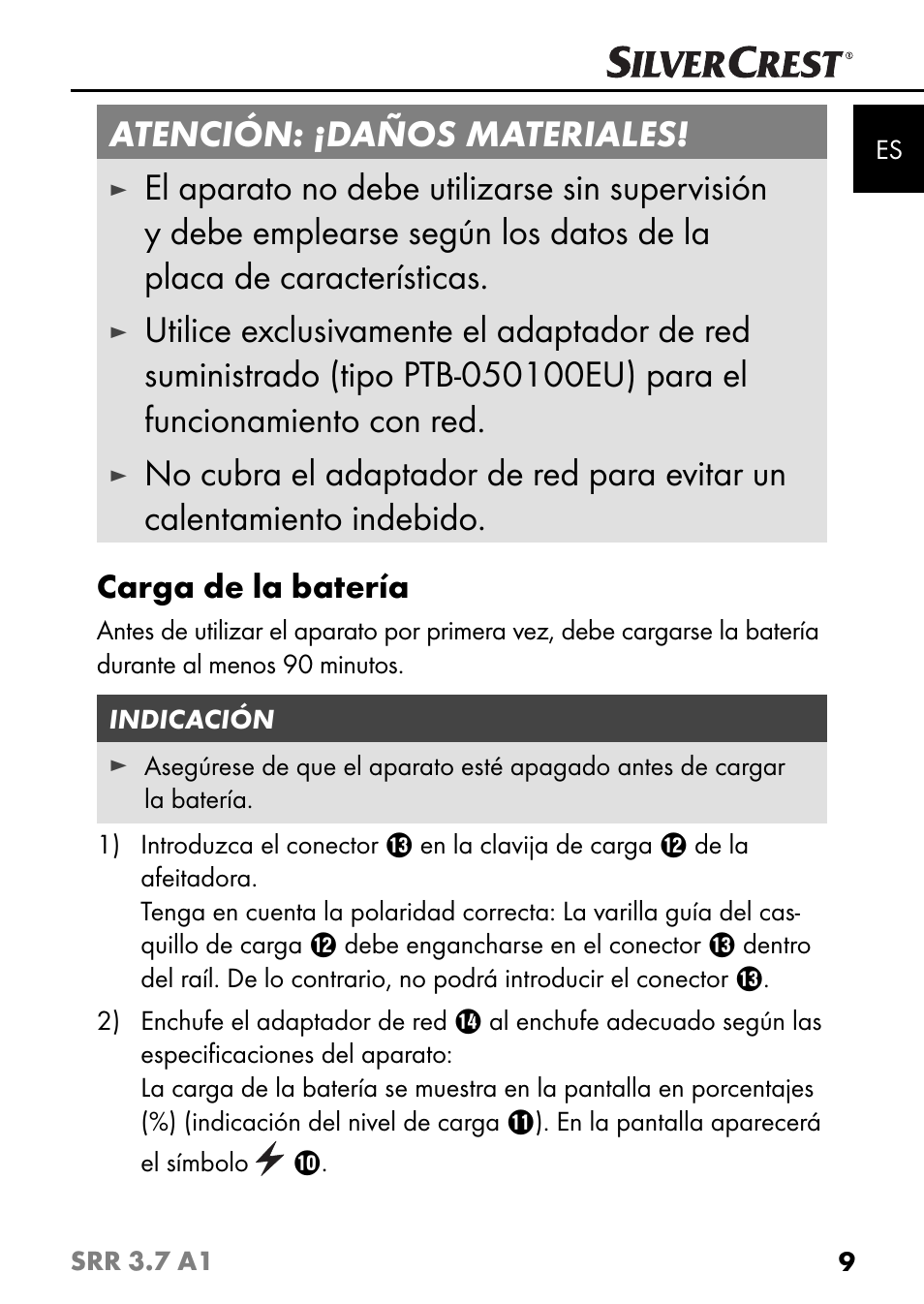 Atención: ¡daños materiales, Carga de la batería | Silvercrest SRR 3.7 A1 User Manual | Page 13 / 105