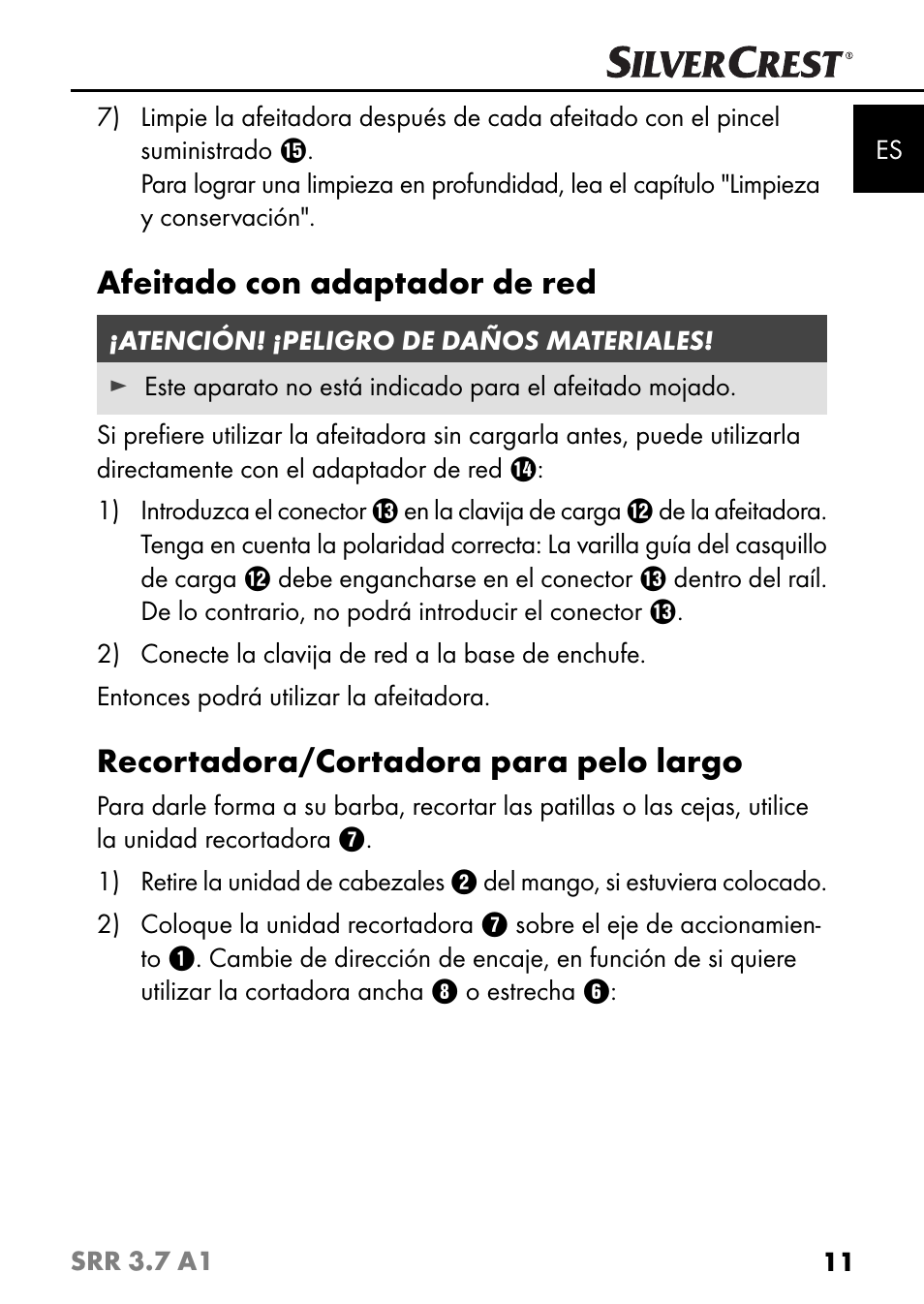 Afeitado con adaptador de red, Recortadora/cortadora para pelo largo | Silvercrest SRR 3.7 A1 User Manual | Page 15 / 105