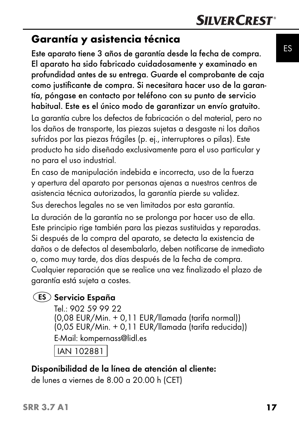 Garantía y asistencia técnica | Silvercrest SRR 3.7 A1 User Manual | Page 21 / 105