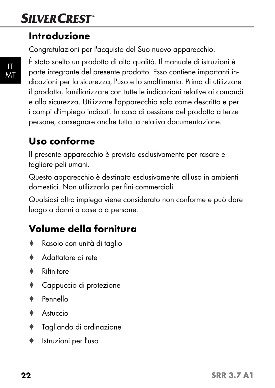 Introduzione, Uso conforme, Volume della fornitura | Silvercrest SRR 3.7 A1 User Manual | Page 26 / 105
