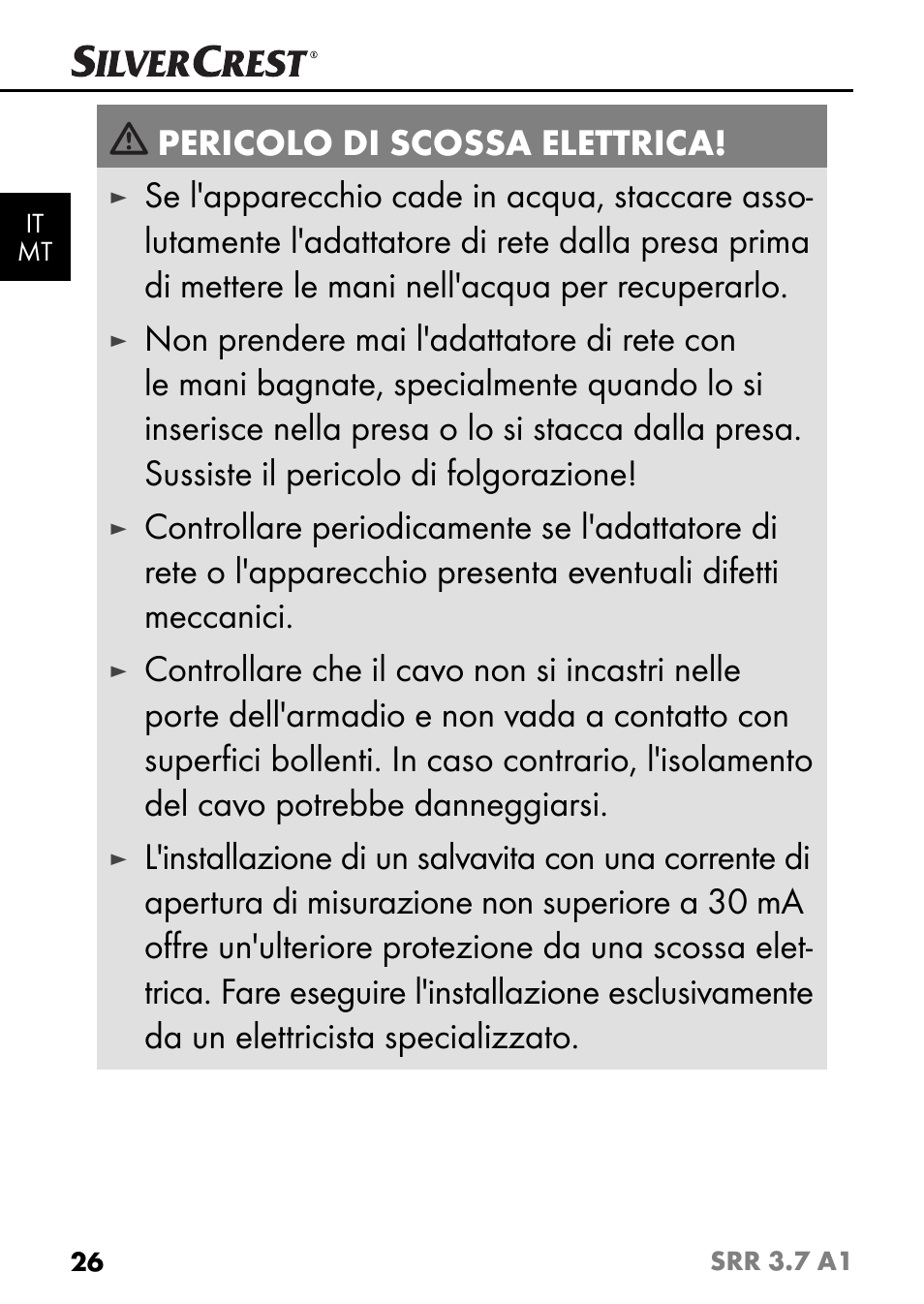 Pericolo di scossa elettrica | Silvercrest SRR 3.7 A1 User Manual | Page 30 / 105