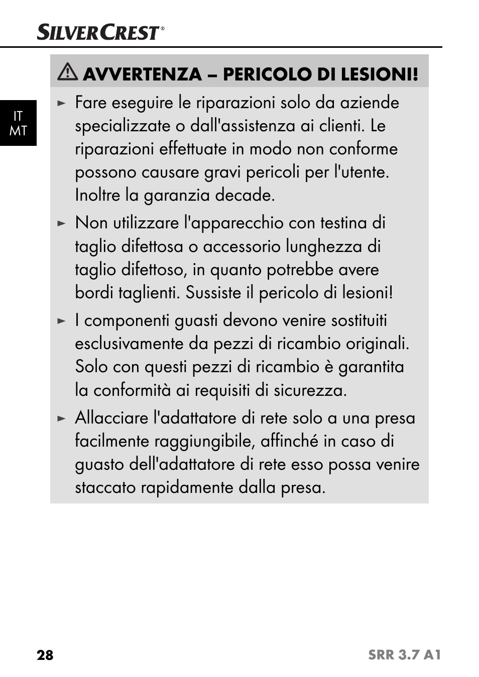 Avvertenza – pericolo di lesioni | Silvercrest SRR 3.7 A1 User Manual | Page 32 / 105