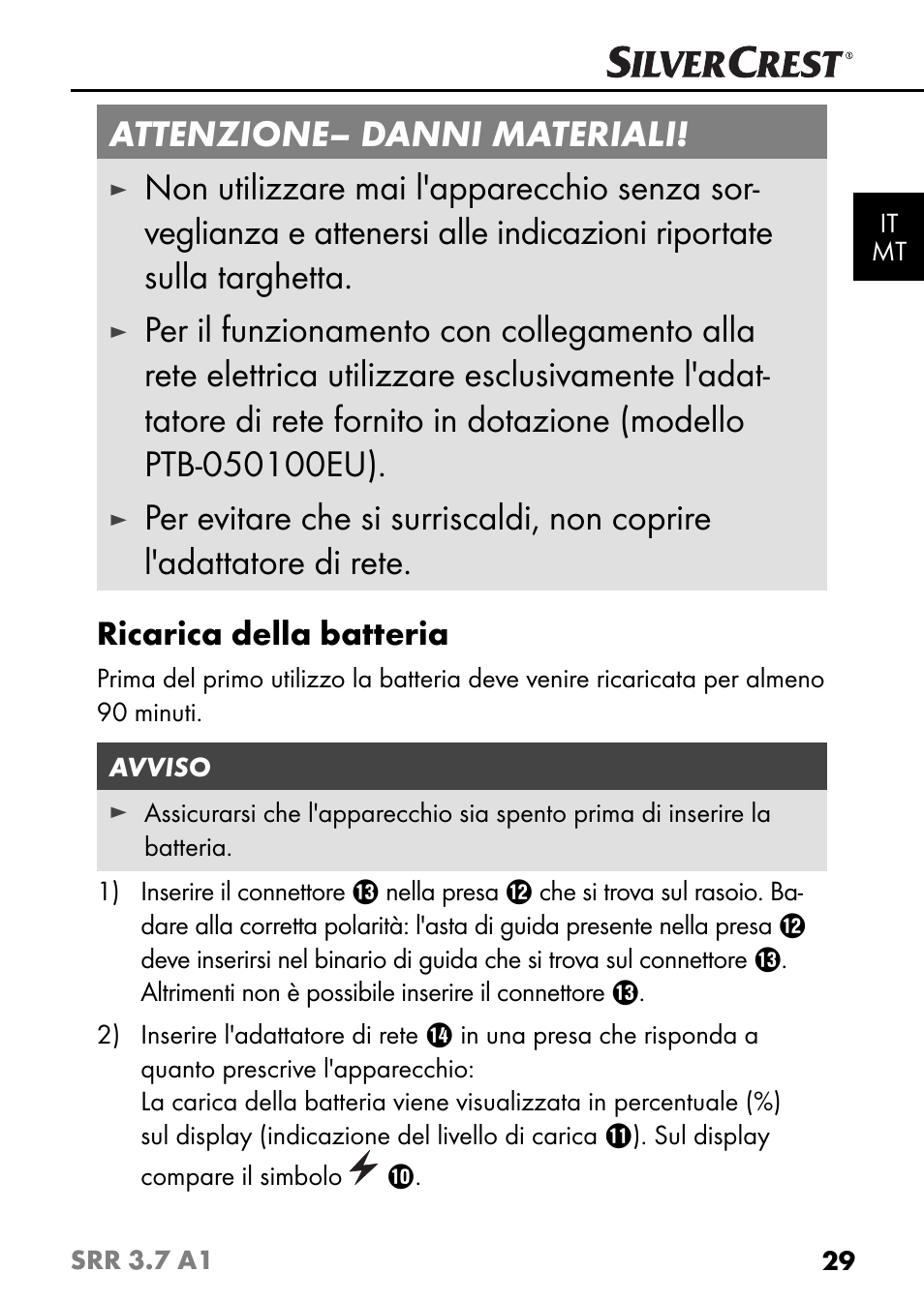 Attenzione– danni materiali, Ricarica della batteria | Silvercrest SRR 3.7 A1 User Manual | Page 33 / 105