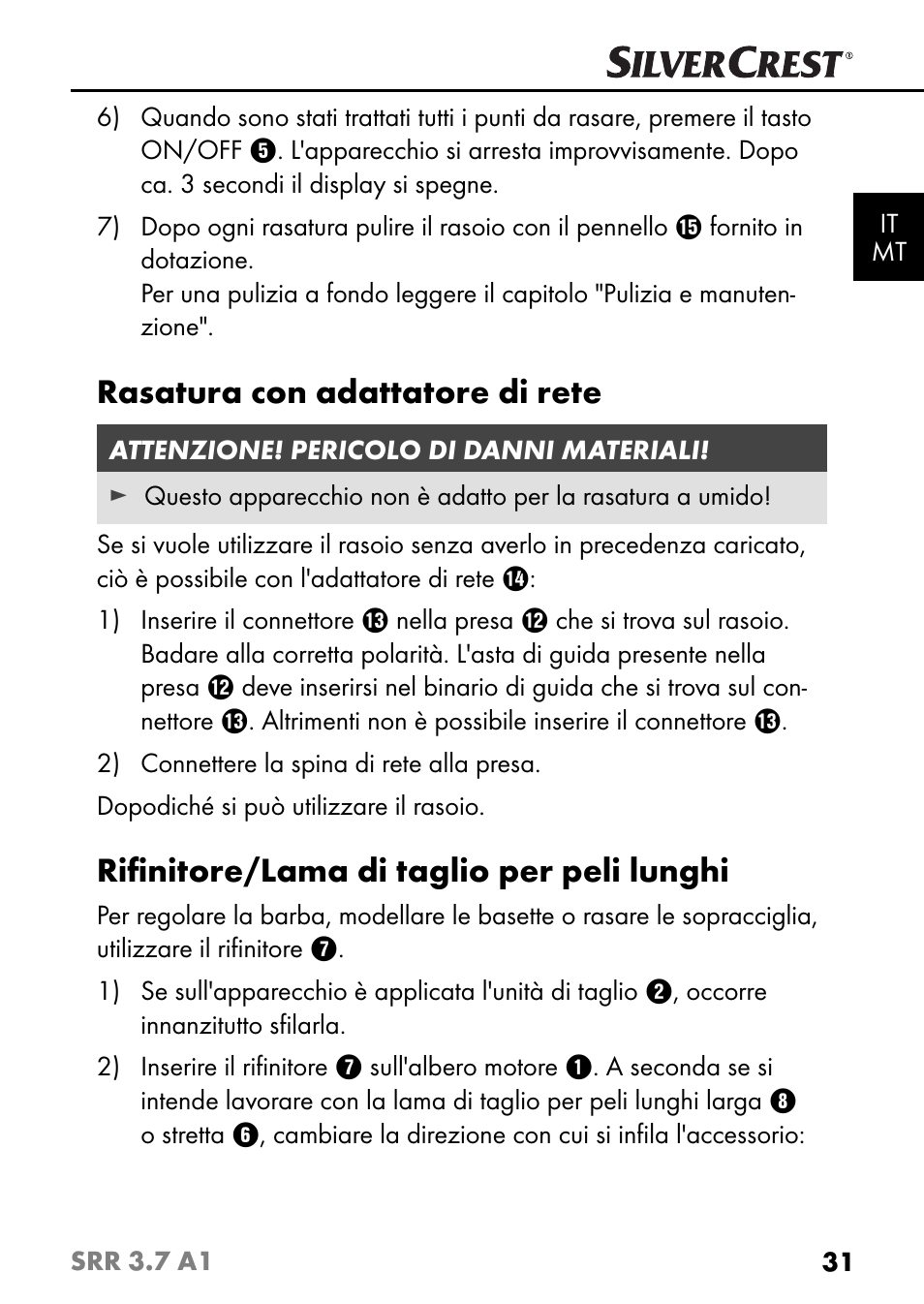 Rasatura con adattatore di rete, Riﬁ nitore/lama di taglio per peli lunghi | Silvercrest SRR 3.7 A1 User Manual | Page 35 / 105