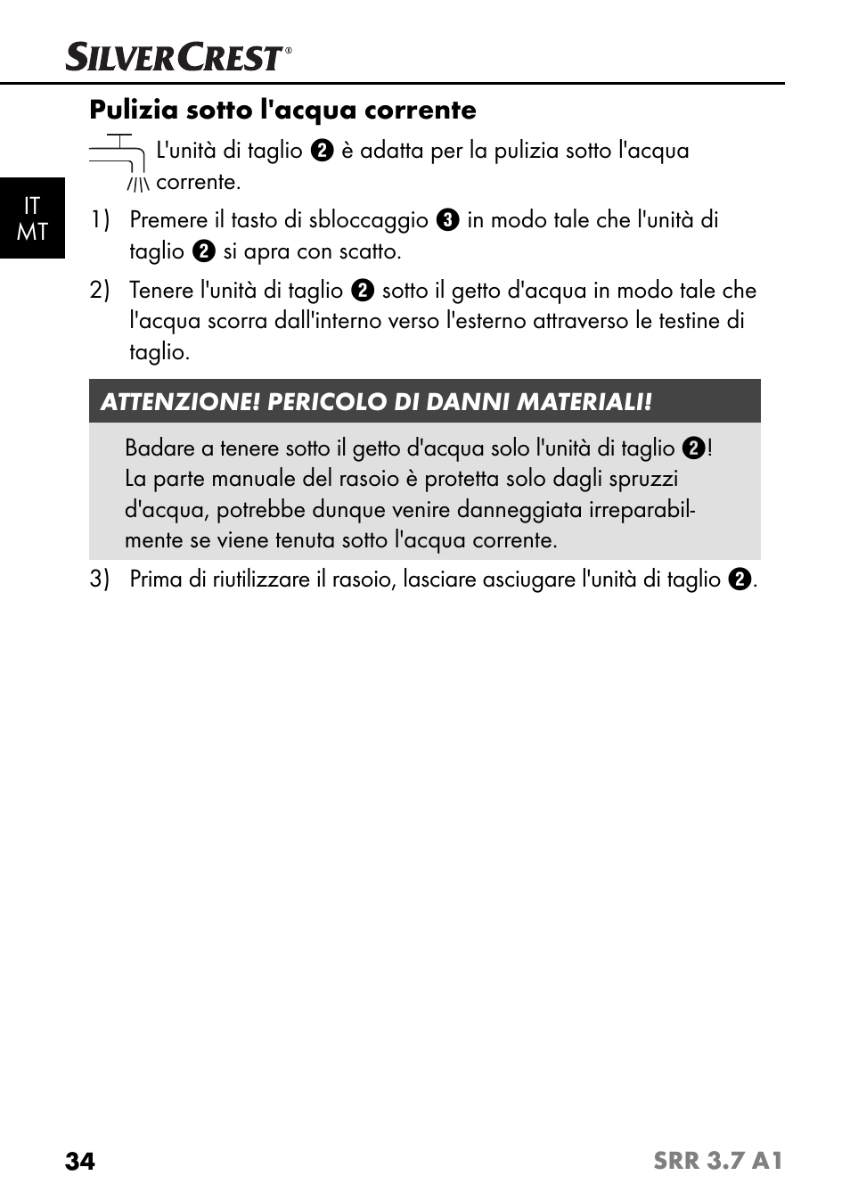 Pulizia sotto l'acqua corrente | Silvercrest SRR 3.7 A1 User Manual | Page 38 / 105
