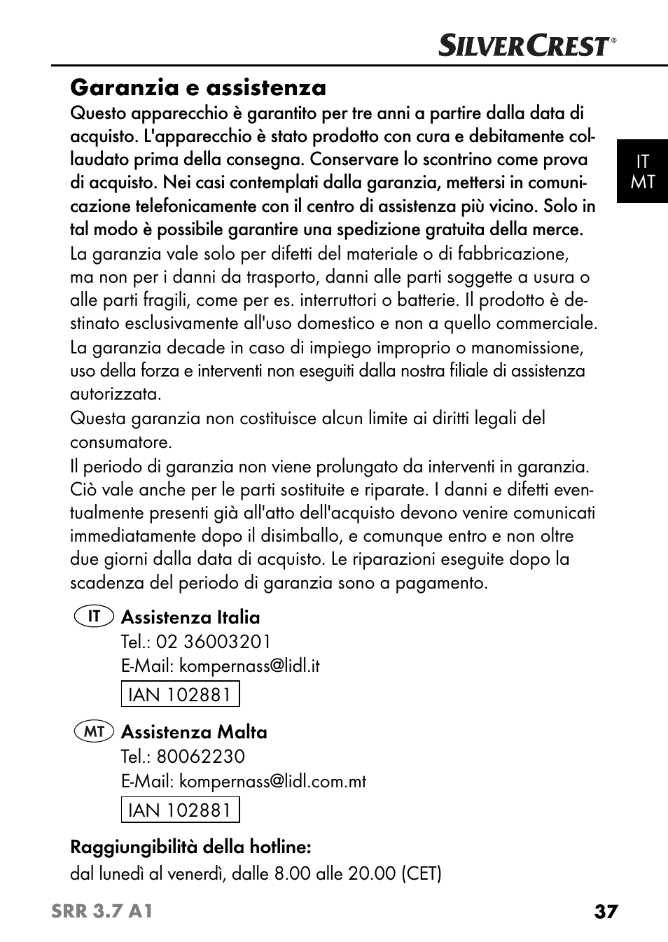 Garanzia e assistenza | Silvercrest SRR 3.7 A1 User Manual | Page 41 / 105