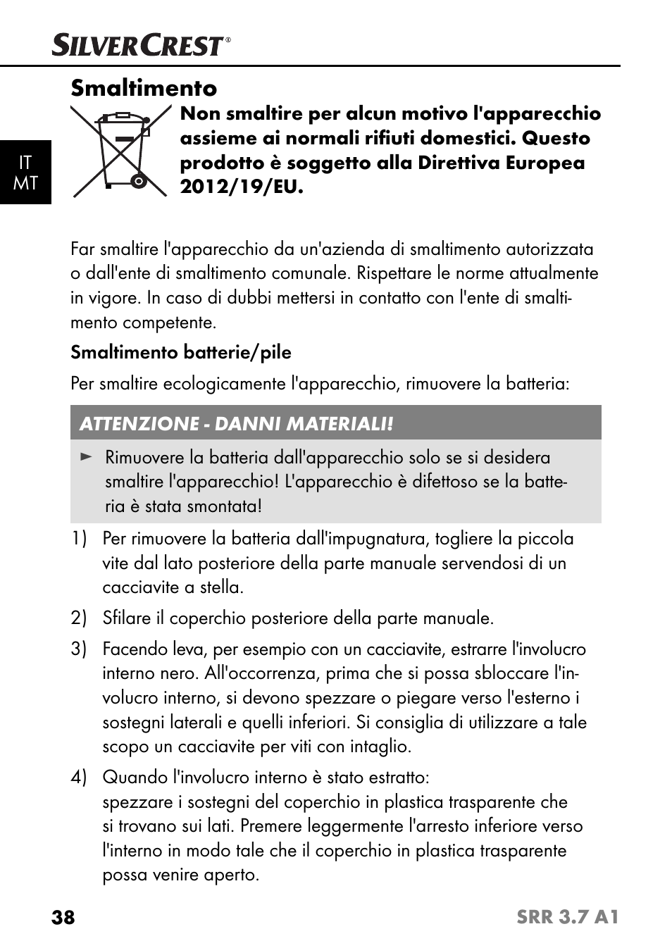 Smaltimento | Silvercrest SRR 3.7 A1 User Manual | Page 42 / 105