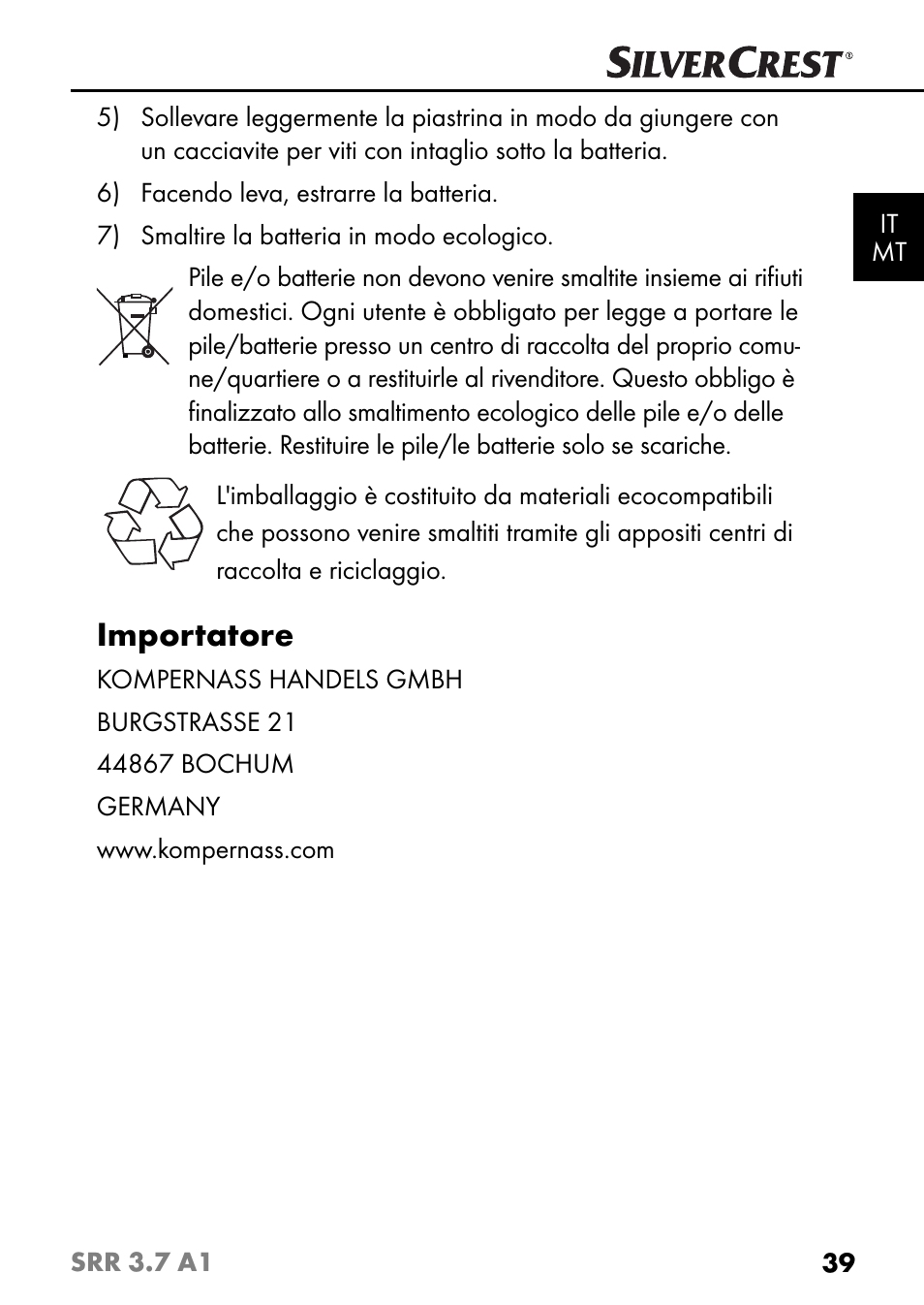 Importatore | Silvercrest SRR 3.7 A1 User Manual | Page 43 / 105