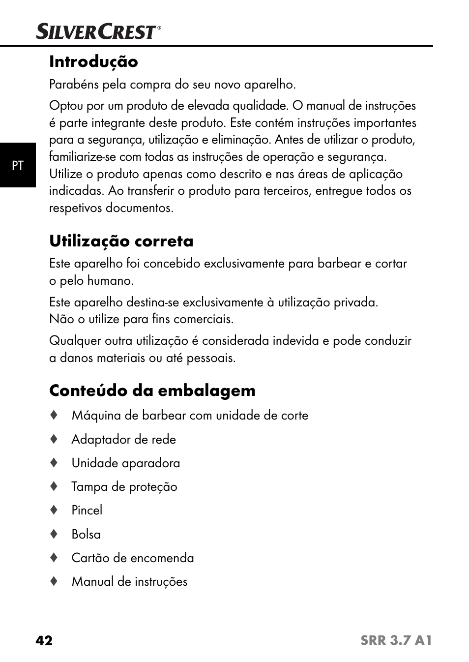 Introdução, Utilização correta, Conteúdo da embalagem | Silvercrest SRR 3.7 A1 User Manual | Page 46 / 105