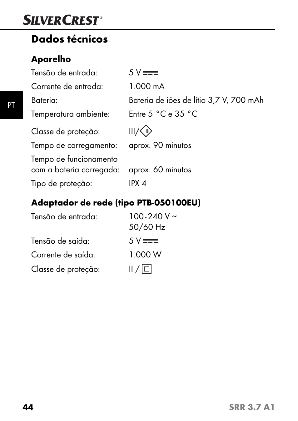 Dados técnicos | Silvercrest SRR 3.7 A1 User Manual | Page 48 / 105