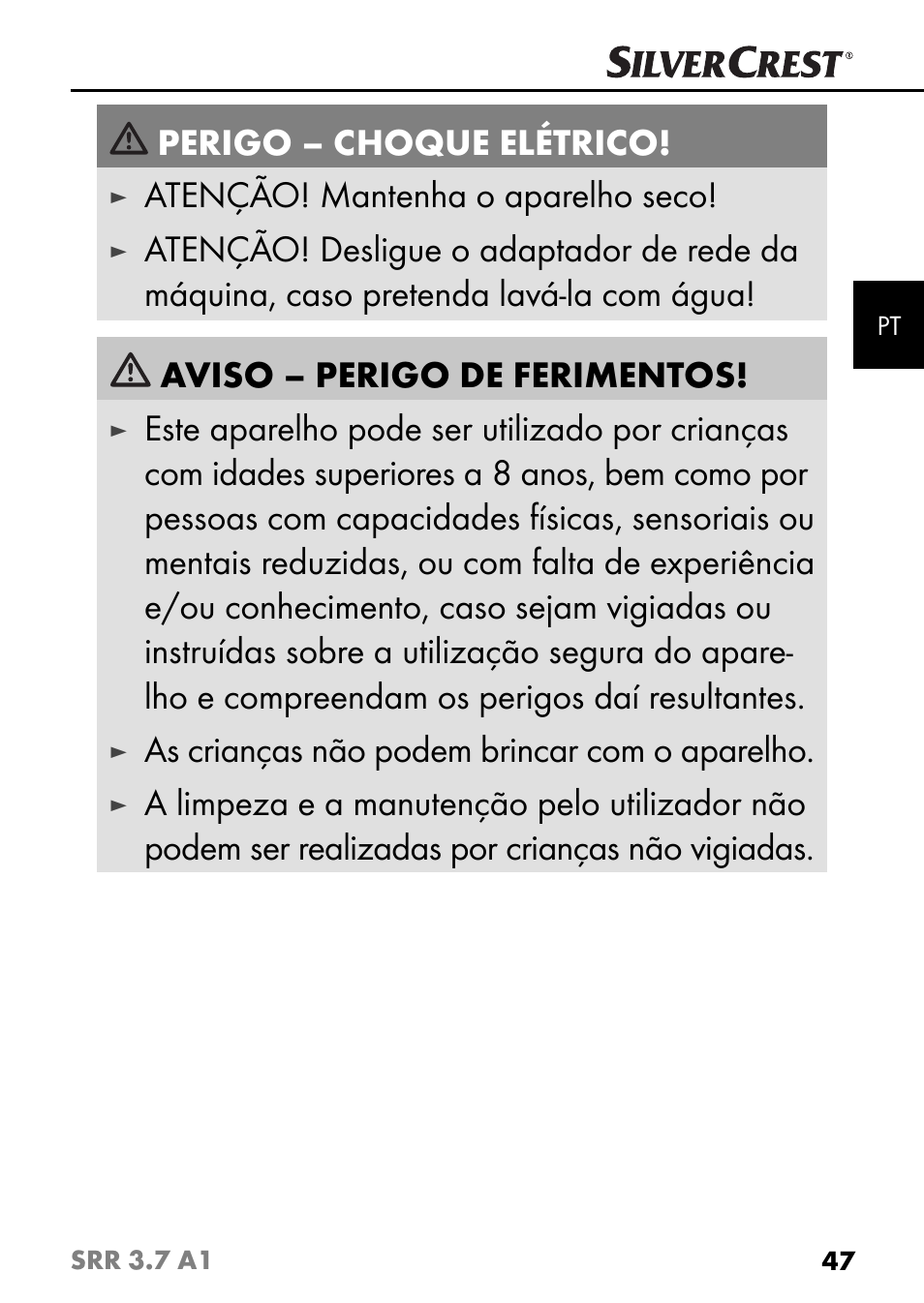 Perigo – choque elétrico, Atenção! mantenha o aparelho seco, As crianças não podem brincar com o aparelho | Silvercrest SRR 3.7 A1 User Manual | Page 51 / 105