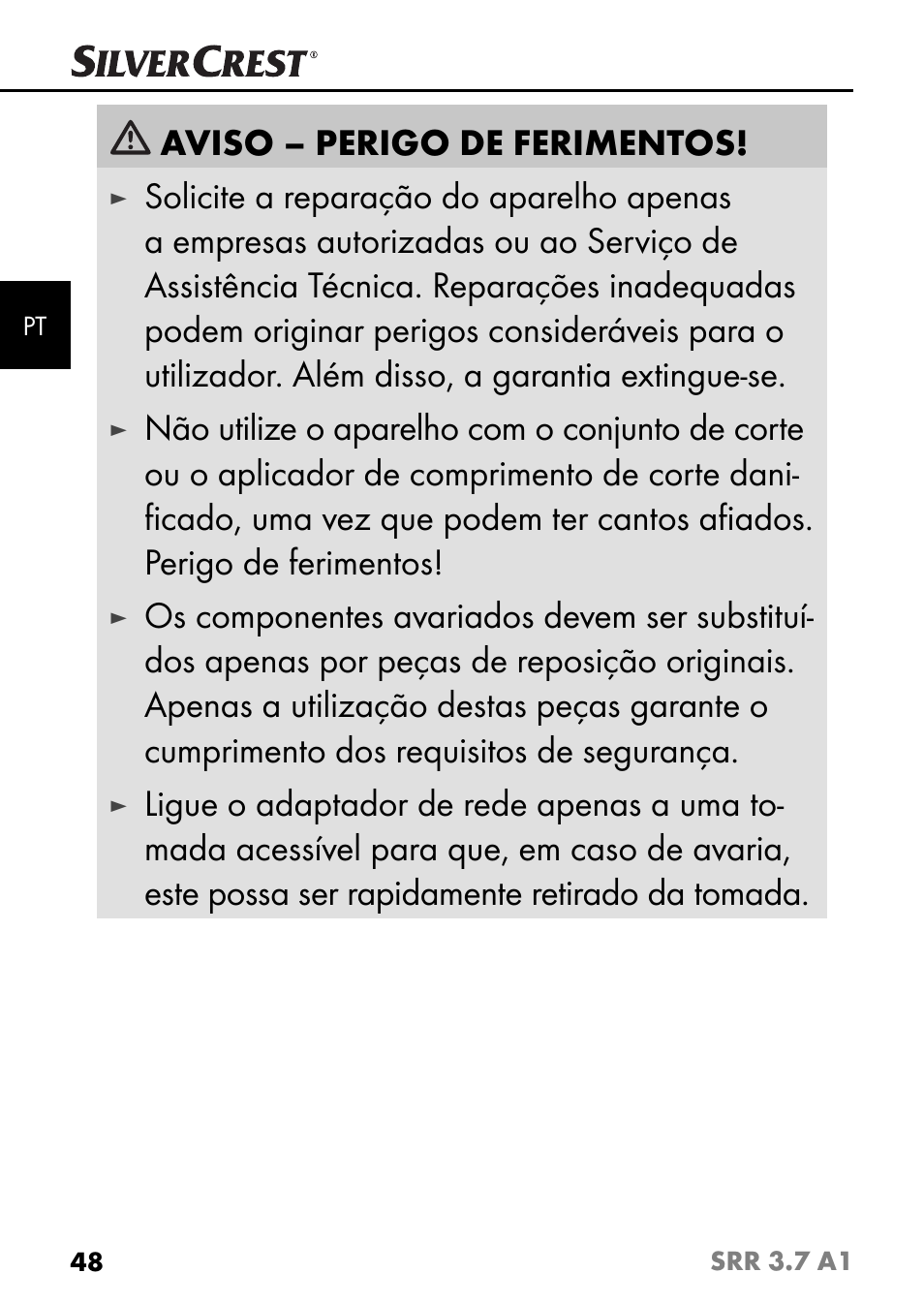 Aviso – perigo de ferimentos | Silvercrest SRR 3.7 A1 User Manual | Page 52 / 105