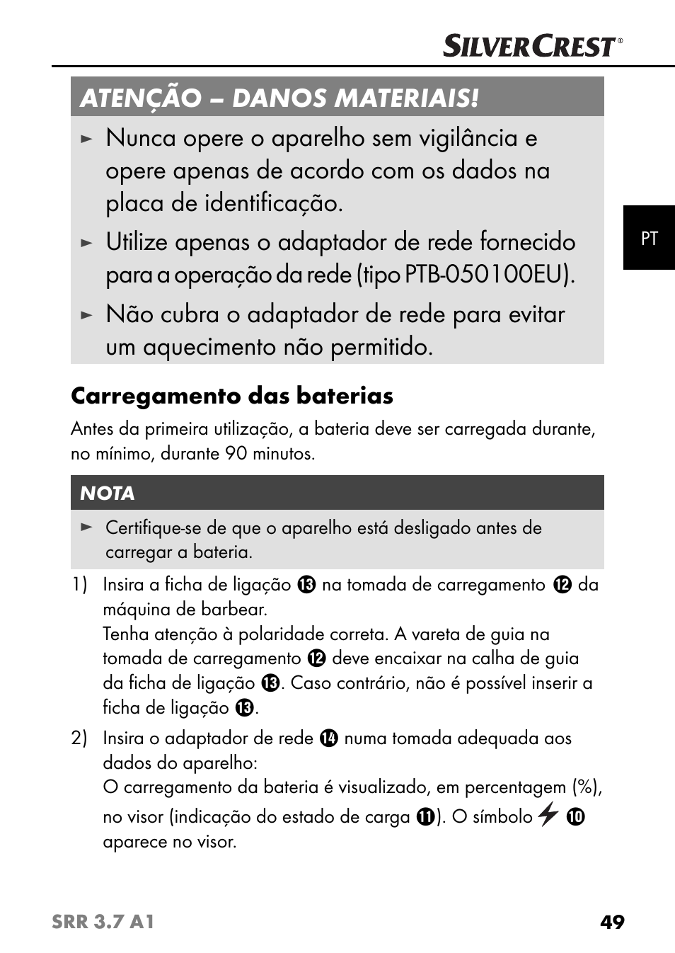 Atenção – danos materiais, Carregamento das baterias | Silvercrest SRR 3.7 A1 User Manual | Page 53 / 105