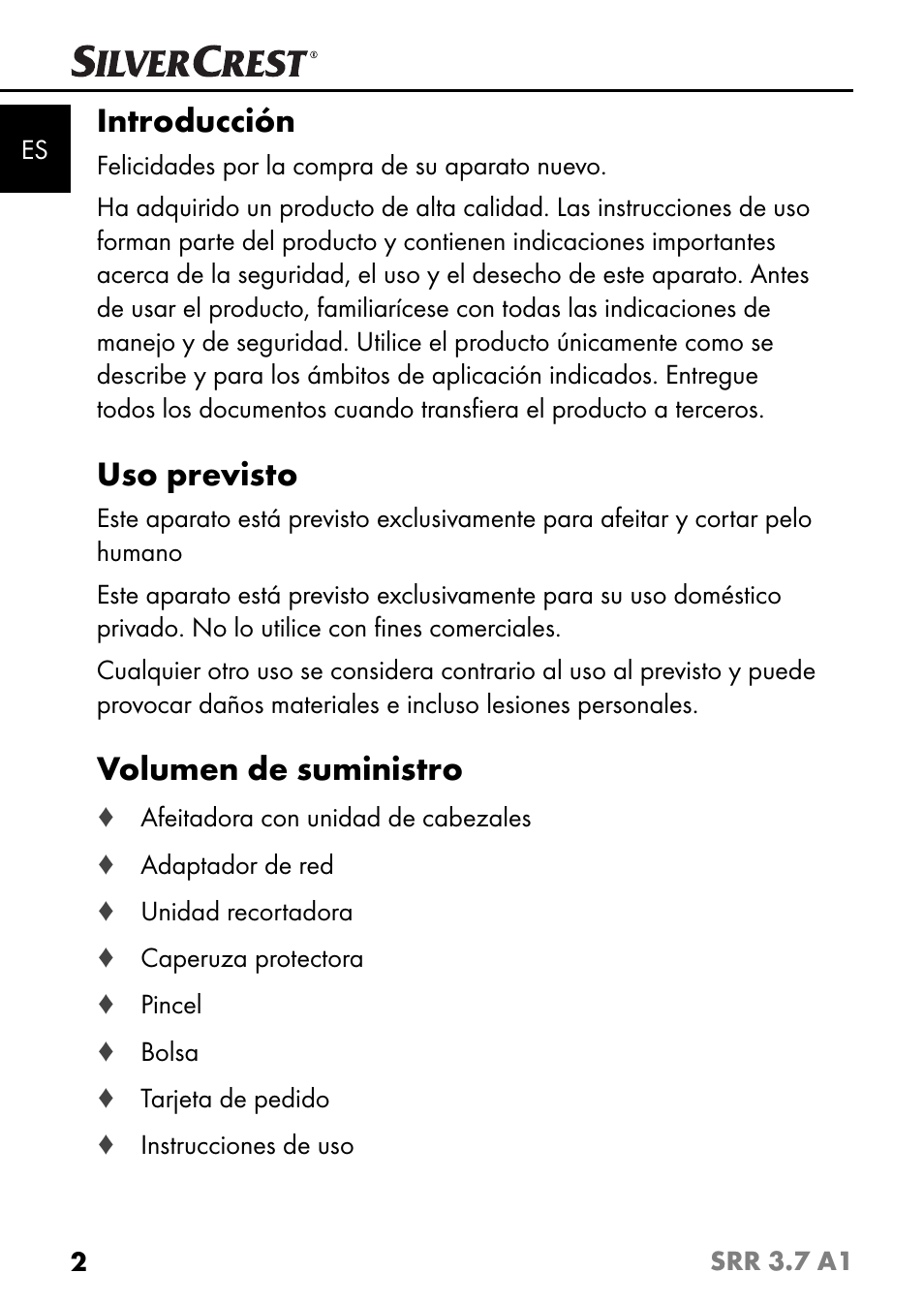 Introducción, Uso previsto, Volumen de suministro | Silvercrest SRR 3.7 A1 User Manual | Page 6 / 105