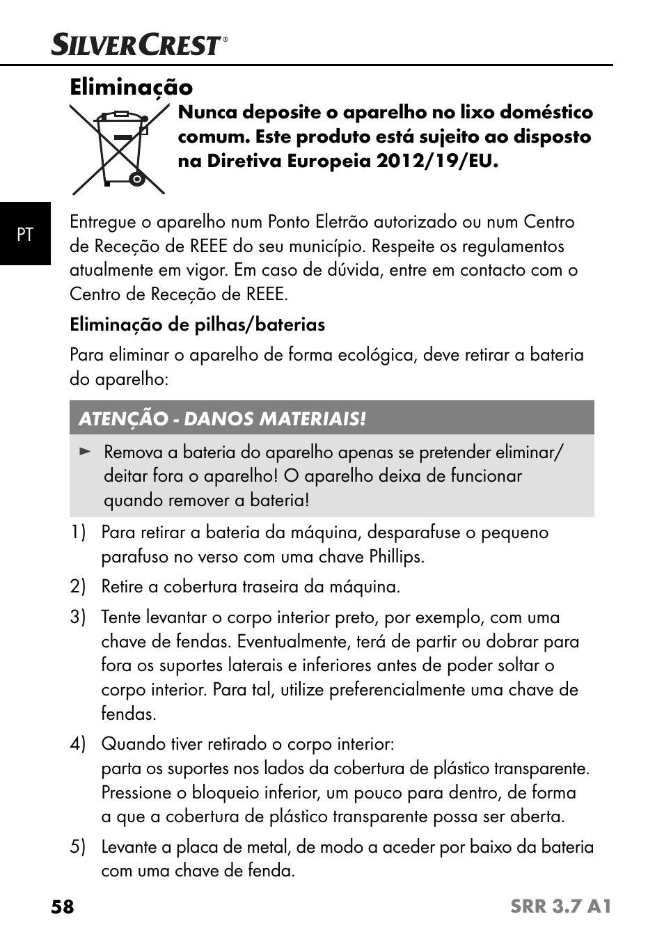 Eliminação | Silvercrest SRR 3.7 A1 User Manual | Page 62 / 105