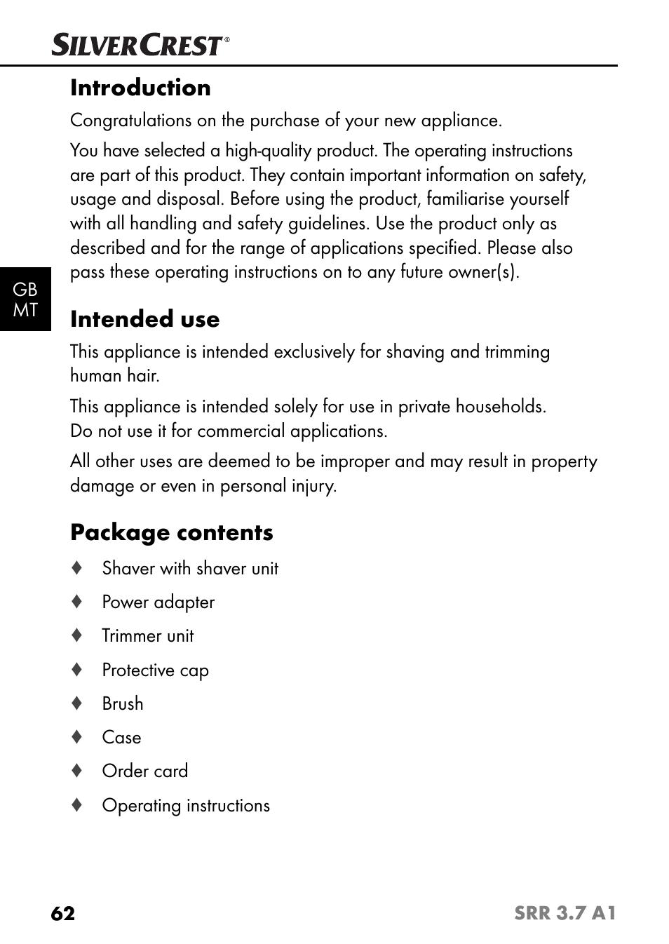 Introduction, Intended use, Package contents | Silvercrest SRR 3.7 A1 User Manual | Page 66 / 105