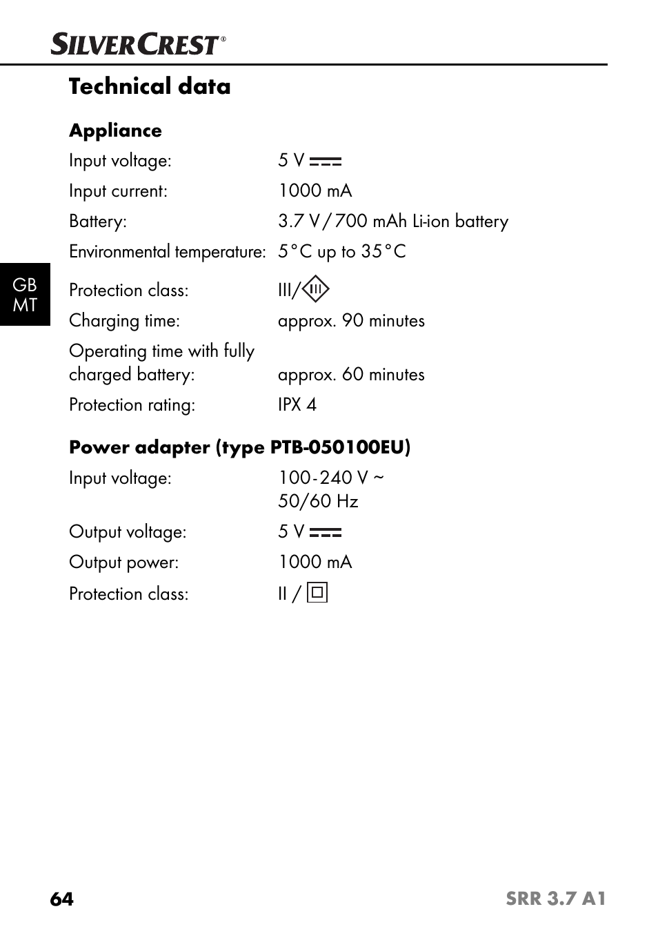 Technical data | Silvercrest SRR 3.7 A1 User Manual | Page 68 / 105