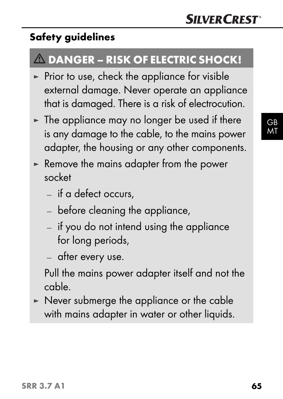 Danger – risk of electric shock, Remove the mains adapter from the power socket, If a defect occurs | Before cleaning the appliance, Safety guidelines | Silvercrest SRR 3.7 A1 User Manual | Page 69 / 105
