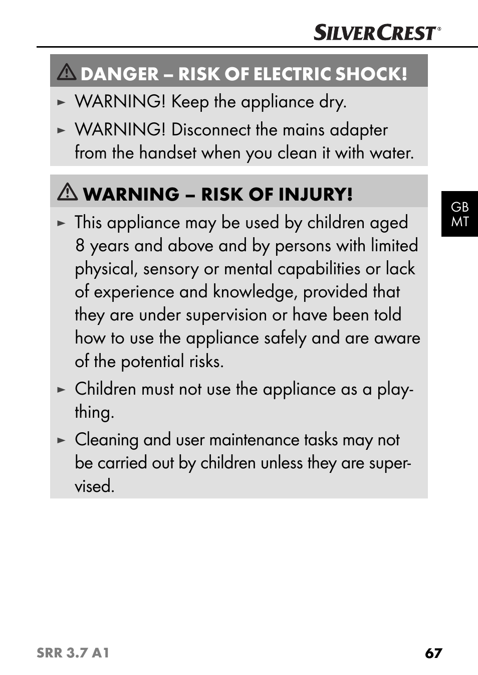 Danger – risk of electric shock, Warning! keep the appliance dry | Silvercrest SRR 3.7 A1 User Manual | Page 71 / 105