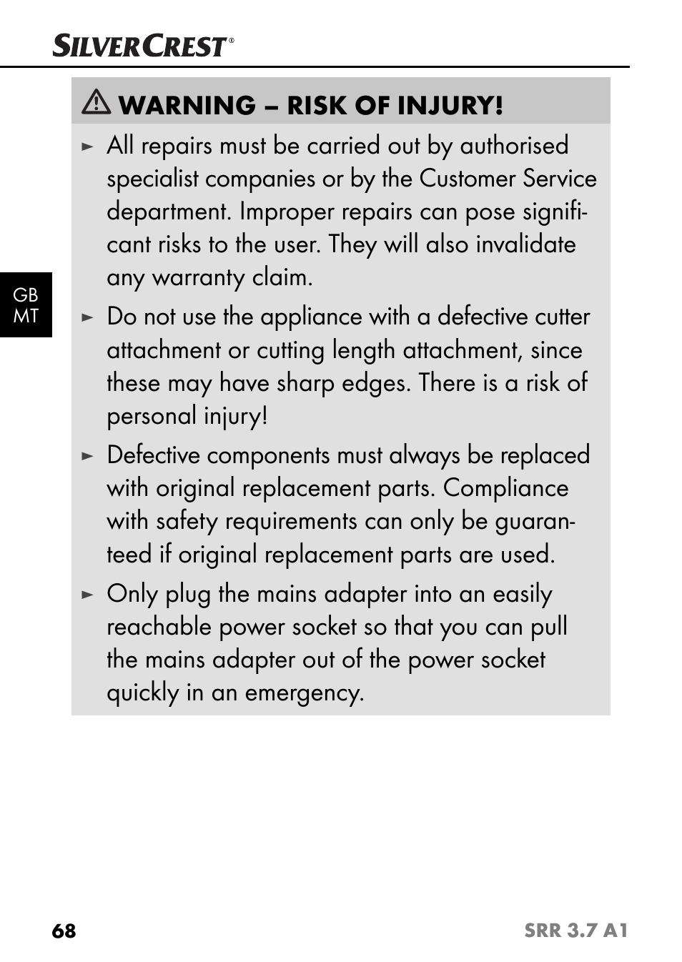 Warning – risk of injury | Silvercrest SRR 3.7 A1 User Manual | Page 72 / 105