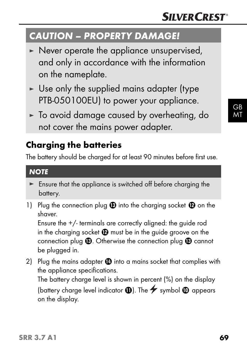 Caution – property damage, Charging the batteries | Silvercrest SRR 3.7 A1 User Manual | Page 73 / 105