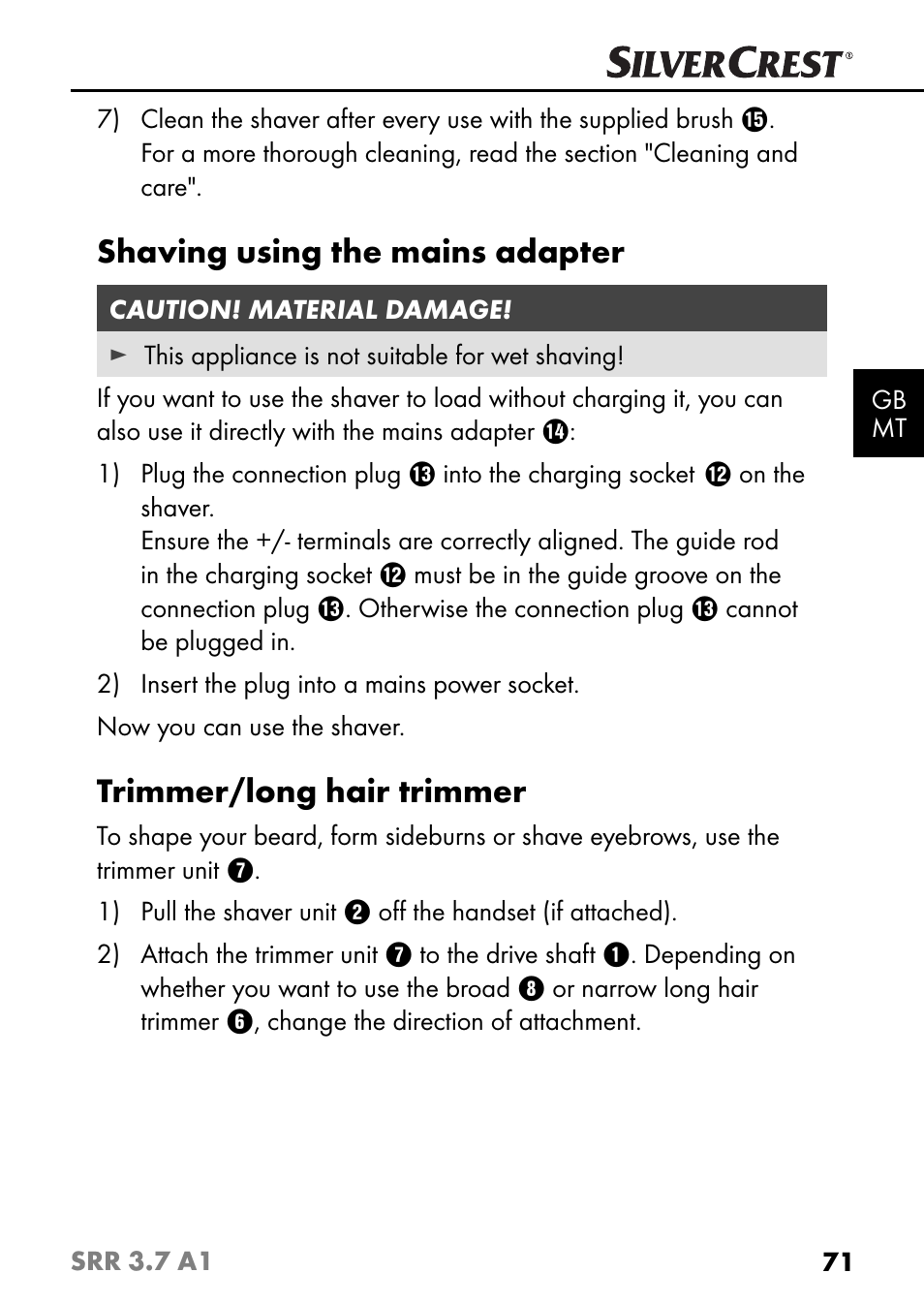 Shaving using the mains adapter, Trimmer/long hair trimmer | Silvercrest SRR 3.7 A1 User Manual | Page 75 / 105