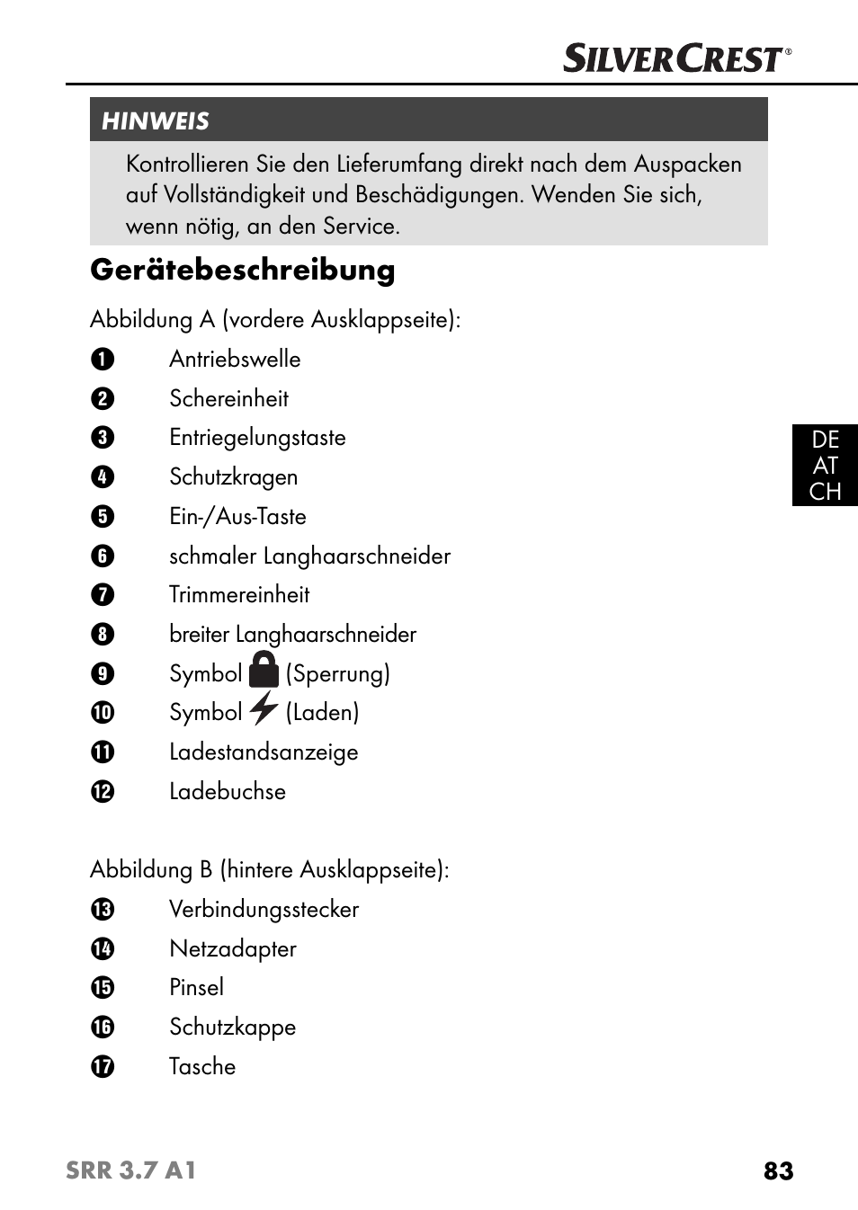 Gerätebeschreibung | Silvercrest SRR 3.7 A1 User Manual | Page 87 / 105