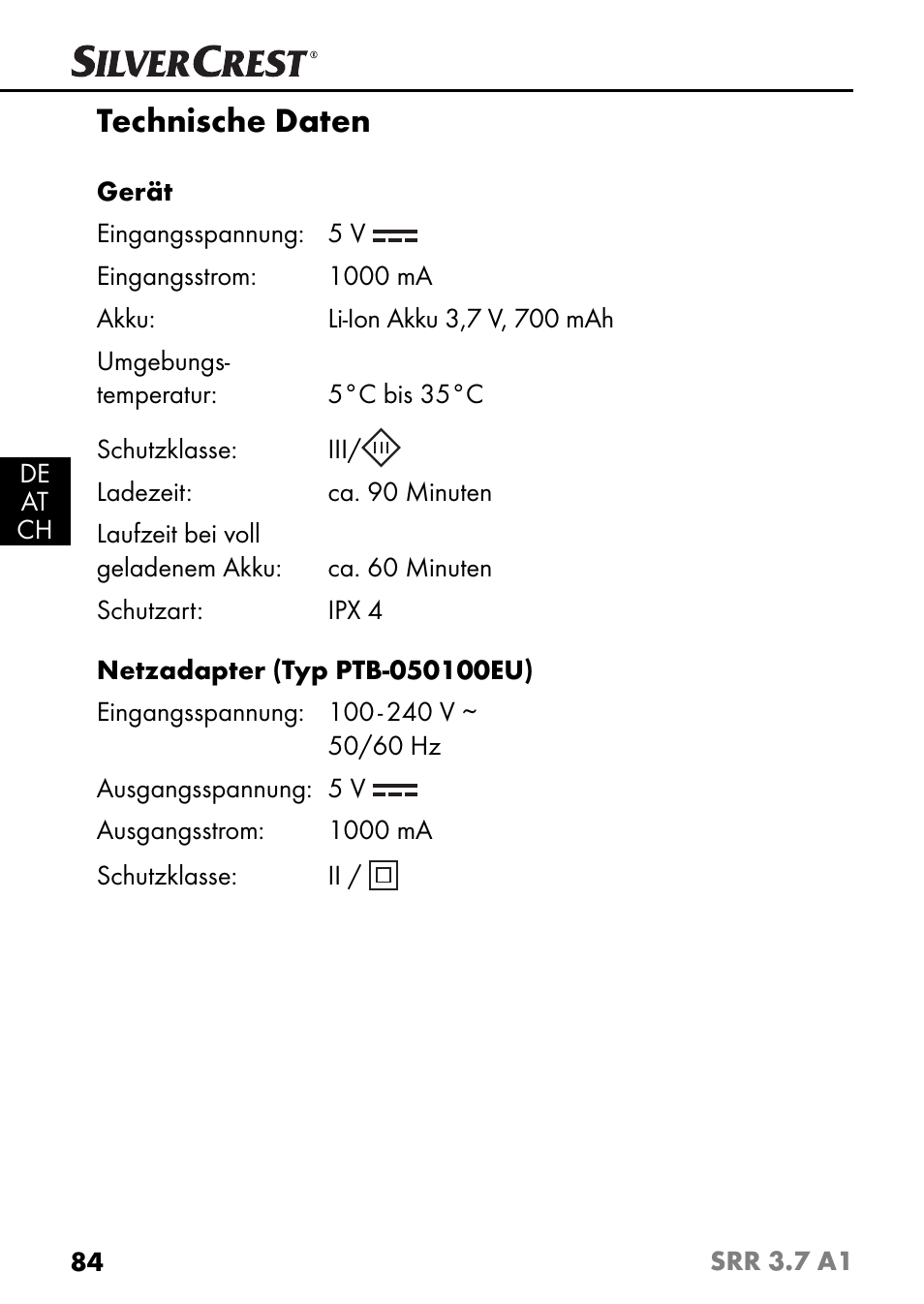 Technische daten | Silvercrest SRR 3.7 A1 User Manual | Page 88 / 105