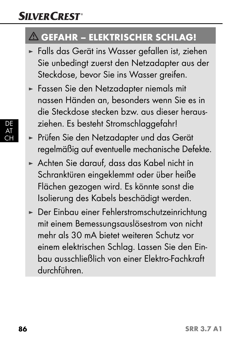 Gefahr – elektrischer schlag | Silvercrest SRR 3.7 A1 User Manual | Page 90 / 105