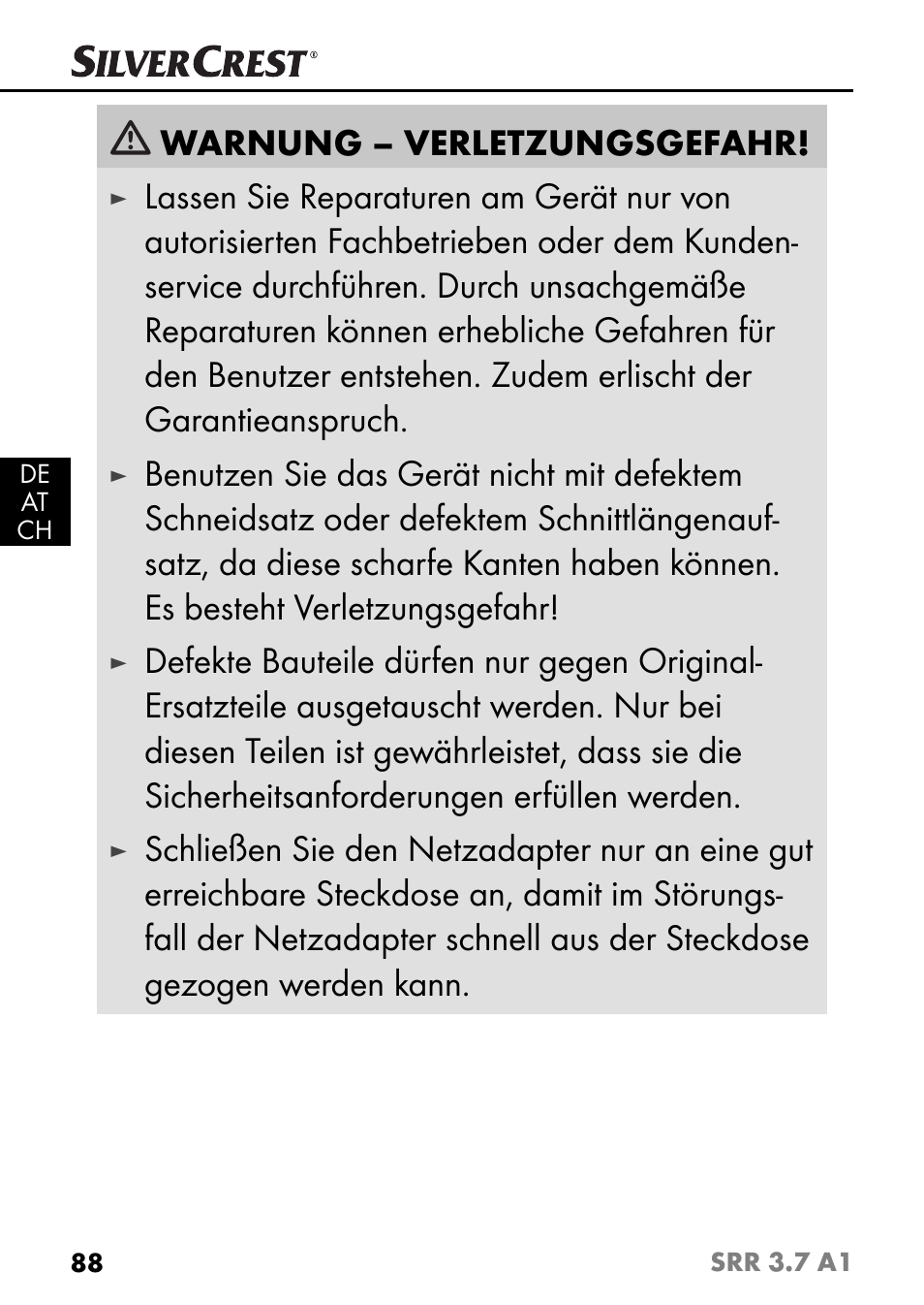 Warnung – verletzungsgefahr | Silvercrest SRR 3.7 A1 User Manual | Page 92 / 105